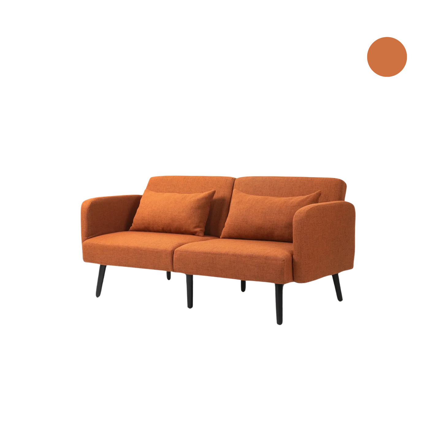 Sofá de dos plazas estilo moderno convertible en cama - Tejido efecto lino color coral, con reposabrazos y respaldo ajustables, incluye 2 cojines