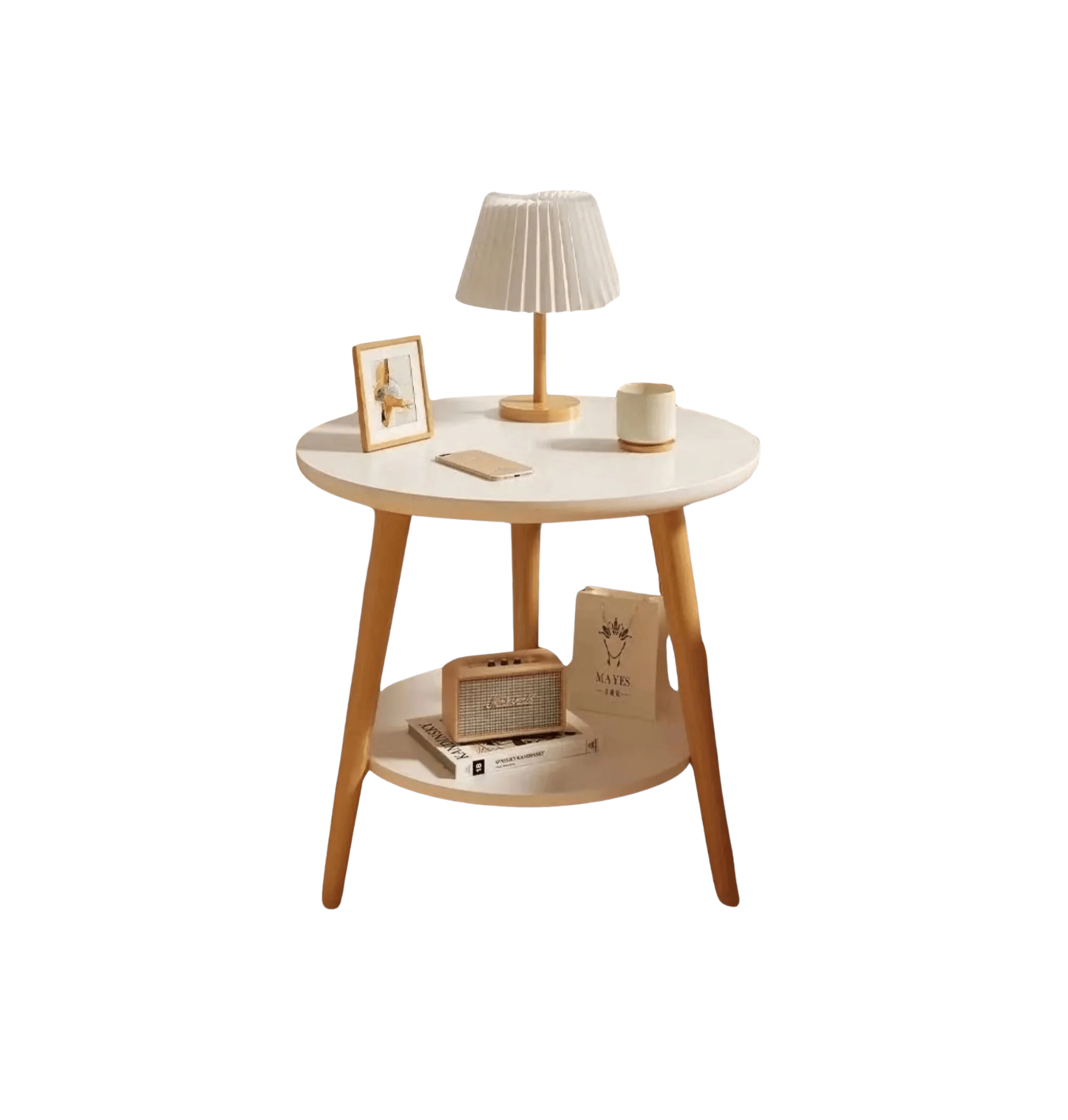 Mesa de café redonda de dos niveles estilo nórdico - Madera maciza, diseño blanco y madera, ideal para mesita de noche o auxiliar, con estante en la base