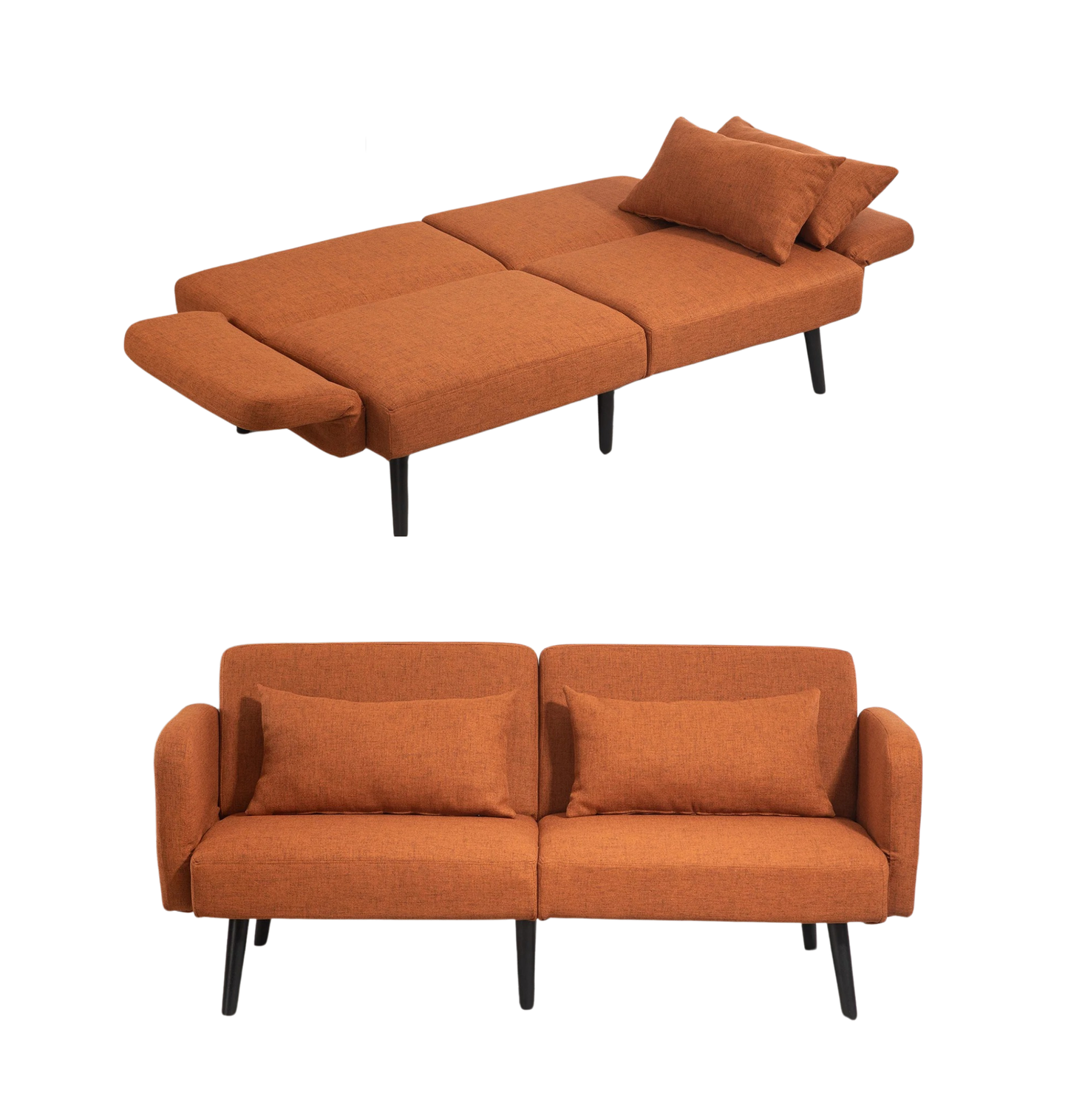 Sofá de dos plazas estilo moderno convertible en cama - Tejido efecto lino color coral, con reposabrazos y respaldo ajustables, incluye 2 cojines