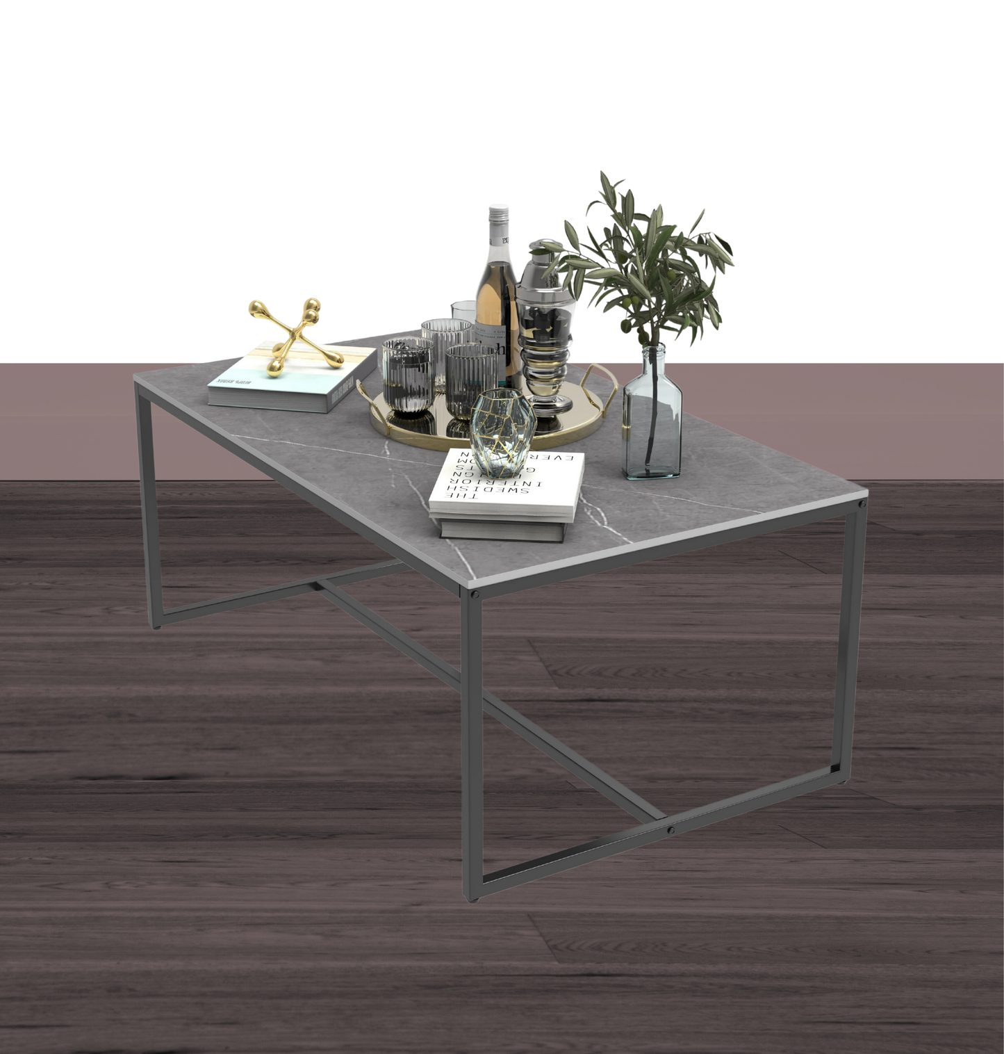 Mesa de centro para sala de estar de estilo moderno - Sobre de piedra sinterizada y estructura metálica en negro