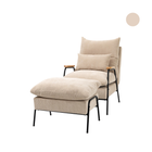 Sillón Lounge de estilo moderno con respaldo reclinable, reposabrazos y reposapiés - Tapizado en pana beige y estructura de acero en negro