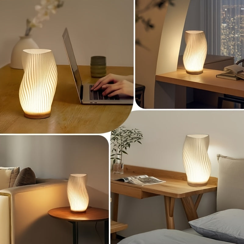 Lámpara de mesa con base de madera – Luz LED regulable con botón, ideal para dormitorio, salón, oficina o dormitorio universitario – Alimentación USB