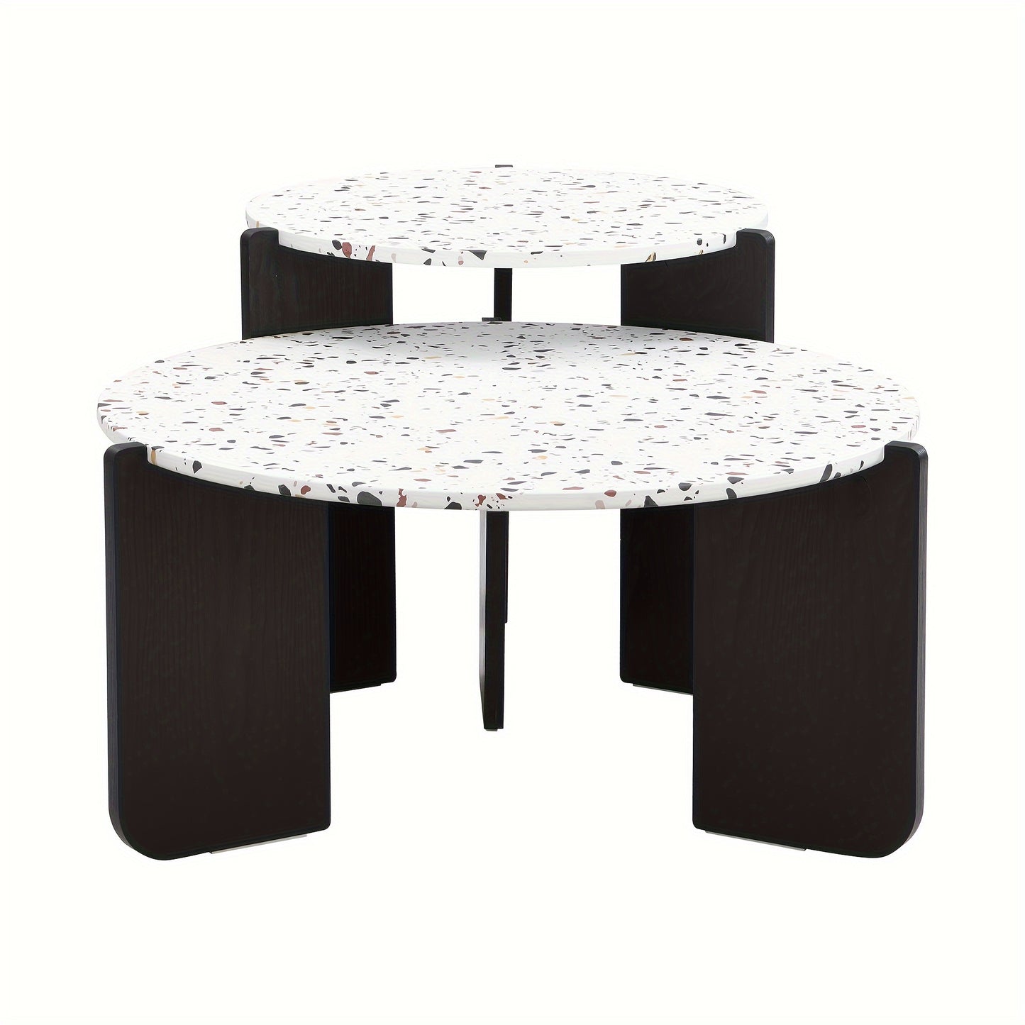 2 PIEZAS - Set de 2 mesas de centro a juego estilo contemporáneo para salón o sala de estar - Set de mesa lateral + mesa de centro - Sobre imitación terrazo y estructura de madera pintada en negro