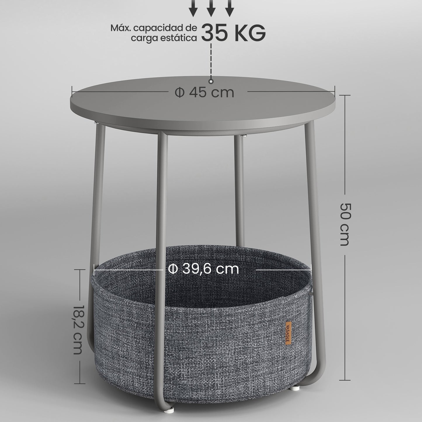 Mesa auxiliar / lateral para salón o dormitorio con almacenamiento disponible en tres colores - Mesa redonda de café con canasta de tela - Estructura de metal