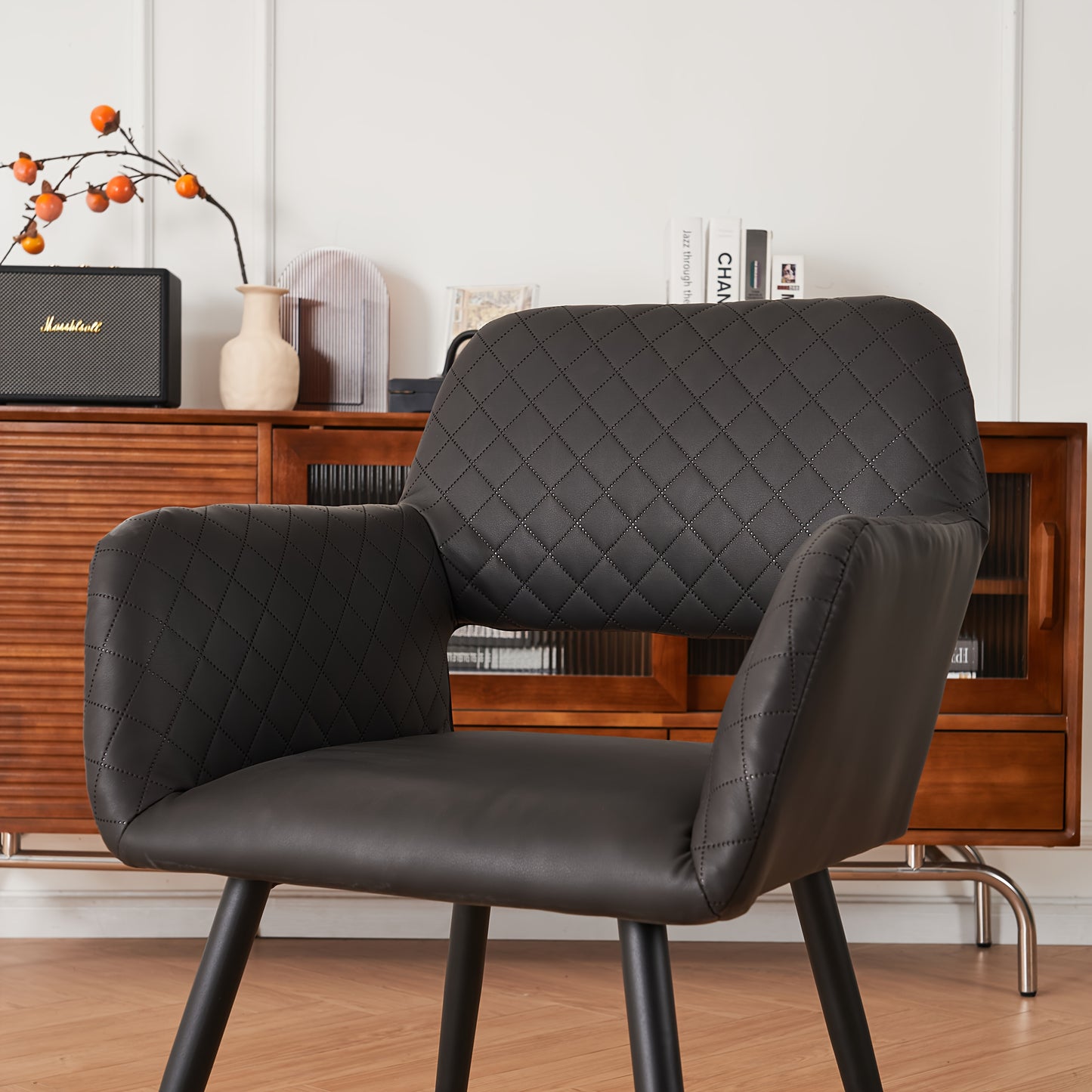 2 PIEZAS - Sillas de comedor de estilo contemporáneo tapizada en cuero sintético con reposabrazos y respaldo abierto