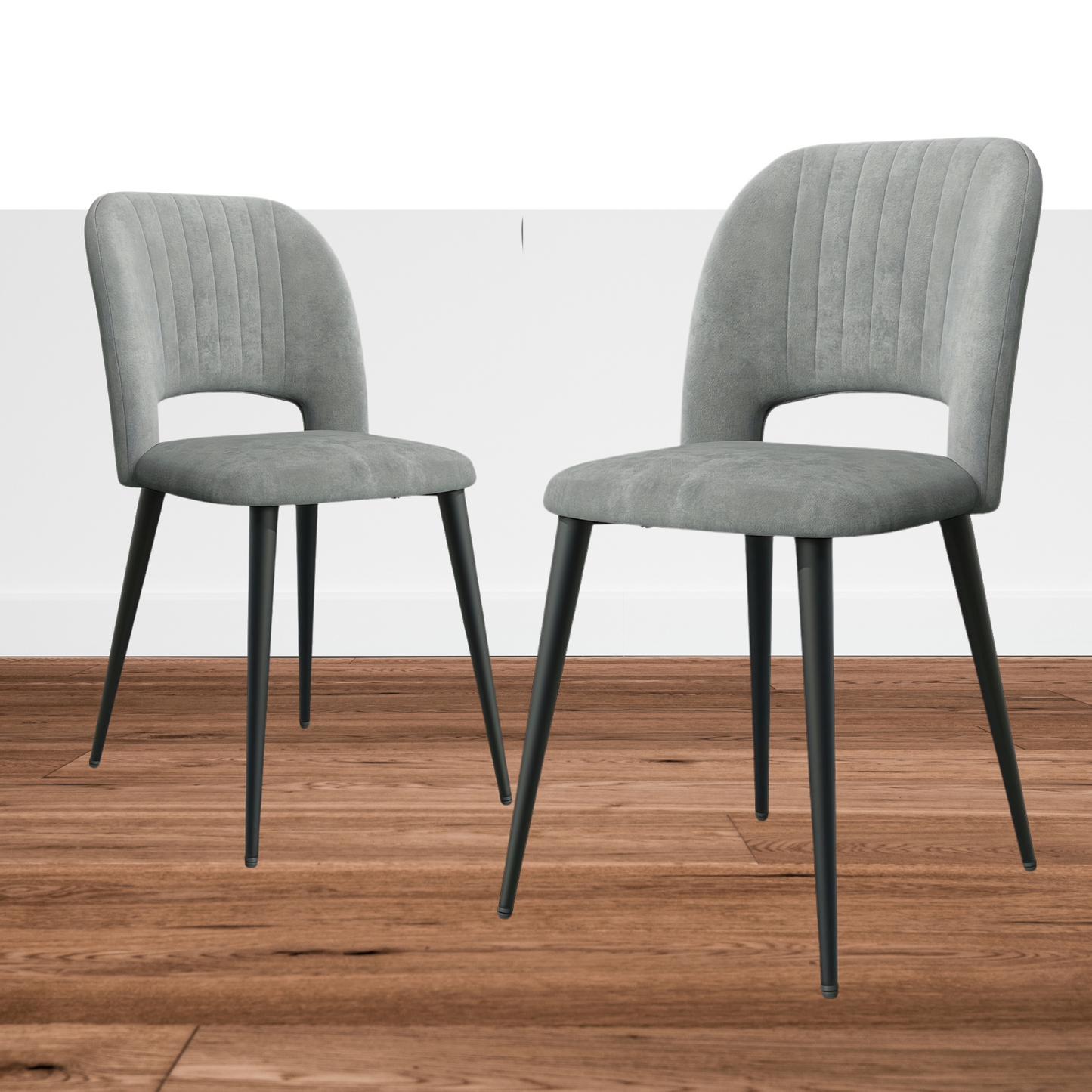 2 PIEZAS - Sillas de comedor estilo contemporáneo, tapizadas y con respaldo abierto - Terciopelo gris y patas metálicas en negro