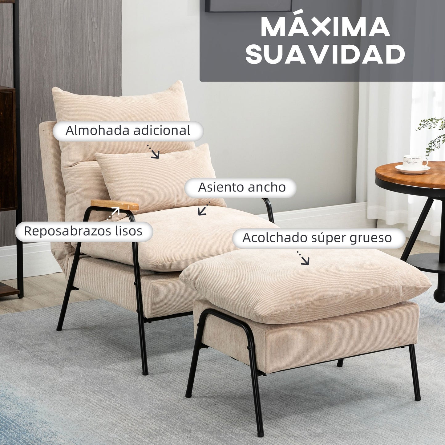 Sillón Lounge de estilo moderno con respaldo reclinable, reposabrazos y reposapiés - Tapizado en pana beige y estructura de acero en negro