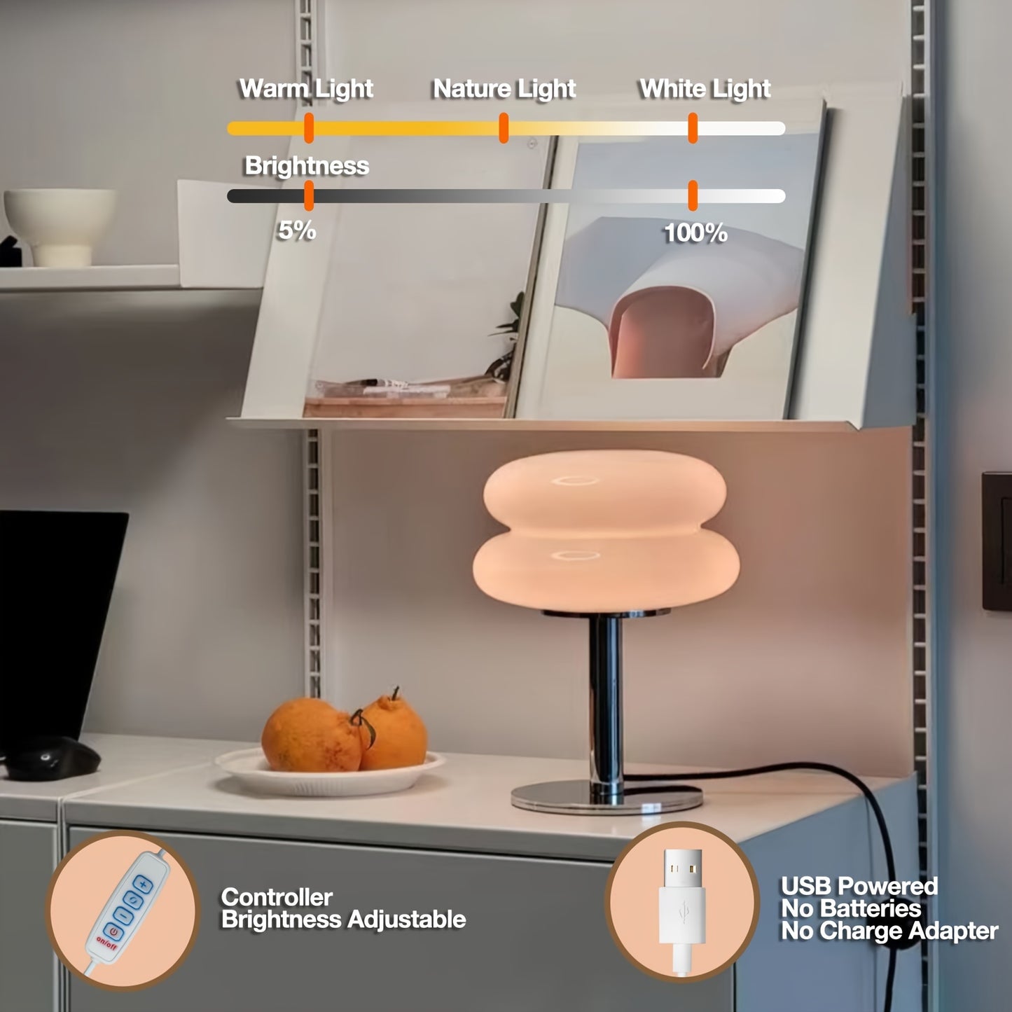 Lámpara de mesa de vidrio regulable - Disponible en 5 colores – Luz ambiental LED con conexión USB, diseño moderno para dormitorio, sala de estar u oficina