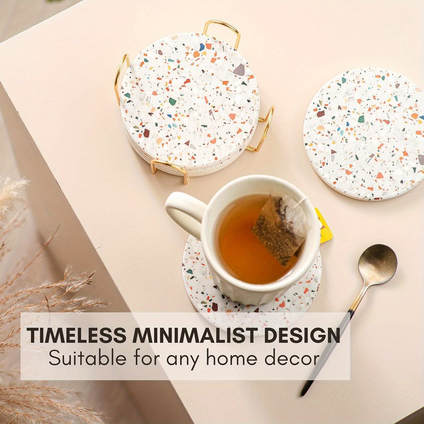 Set de 6 - Posavasos de Cerámica con Soporte Dorado – Absorbentes y Resistentes al Calor, Diseño Elegante para Protección de Superficies