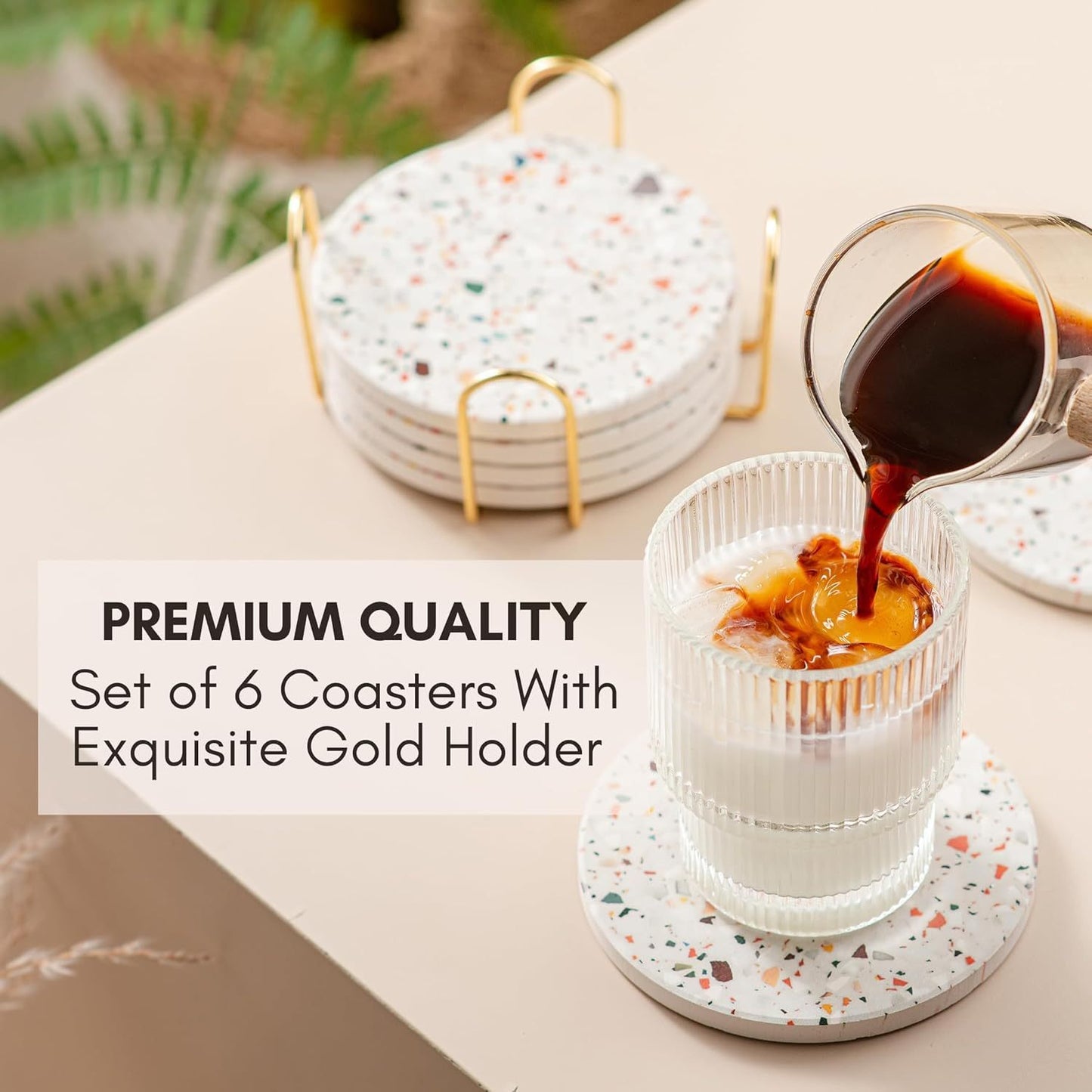 Set de 6 - Posavasos de Cerámica con Soporte Dorado – Absorbentes y Resistentes al Calor, Diseño Elegante para Protección de Superficies