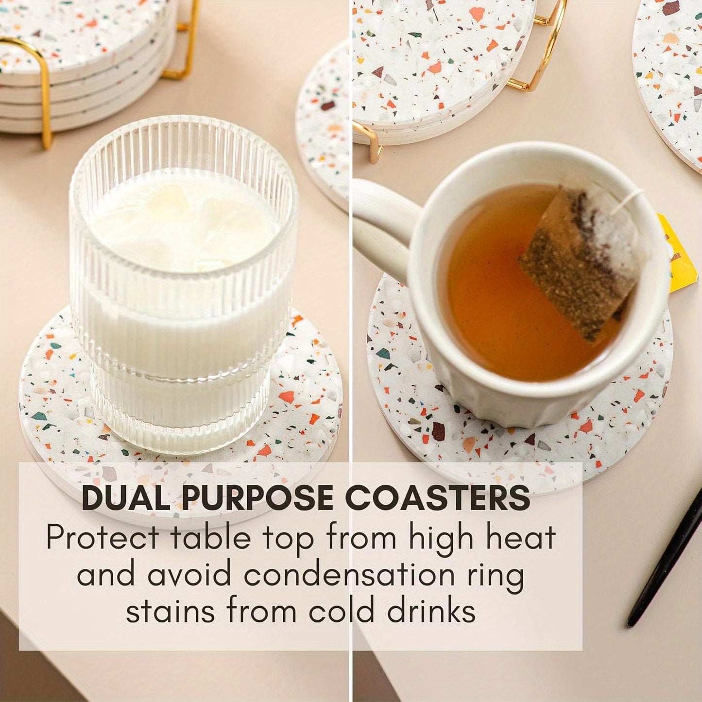 Set de 6 - Posavasos de Cerámica con Soporte Dorado – Absorbentes y Resistentes al Calor, Diseño Elegante para Protección de Superficies