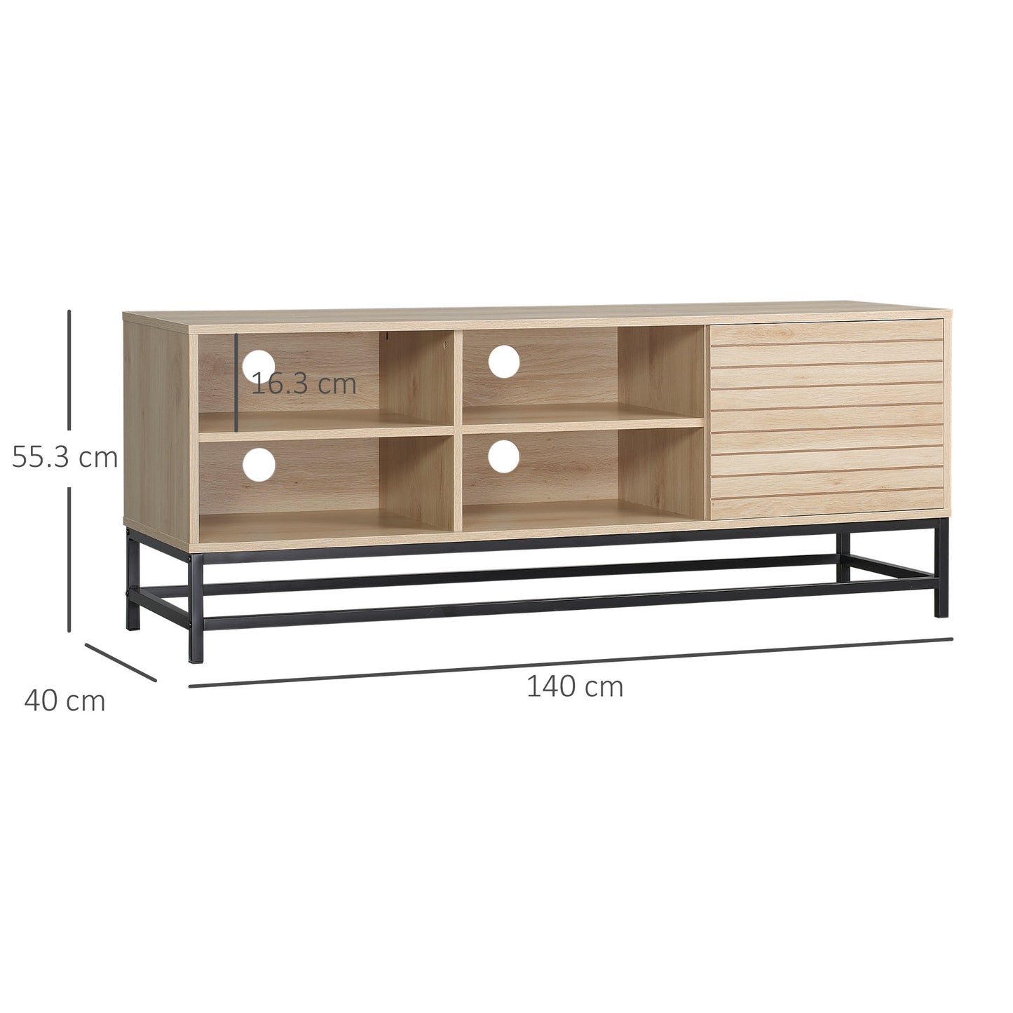 Mueble para TV móvil de estilo moderno para pantallas de hasta 60" con 4 estantes abiertos y gabinete de 2 niveles - MDF y acero en color madera y negro