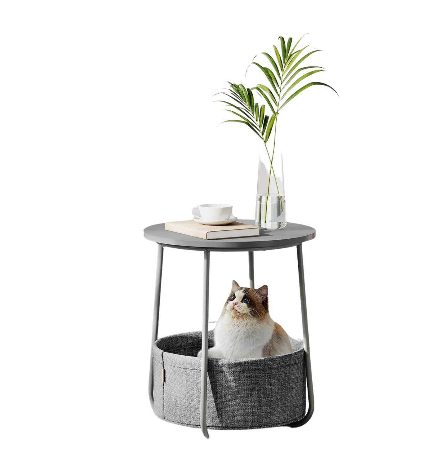 Mesa auxiliar / lateral para salón o dormitorio con almacenamiento disponible en tres colores - Mesa redonda de café con canasta de tela - Estructura de metal