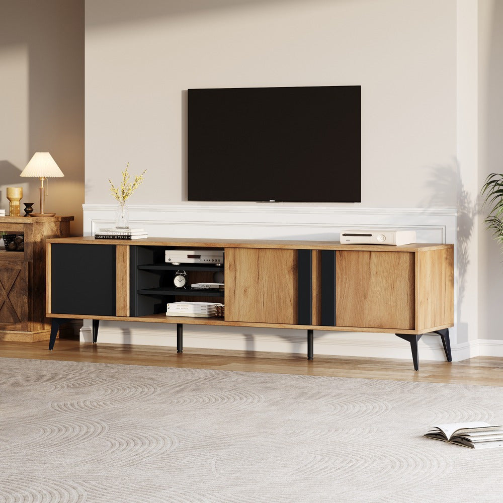 Mueble para TV de 180 cm de estilo moderno con 3 puertas y 3 cajones - Madera natural