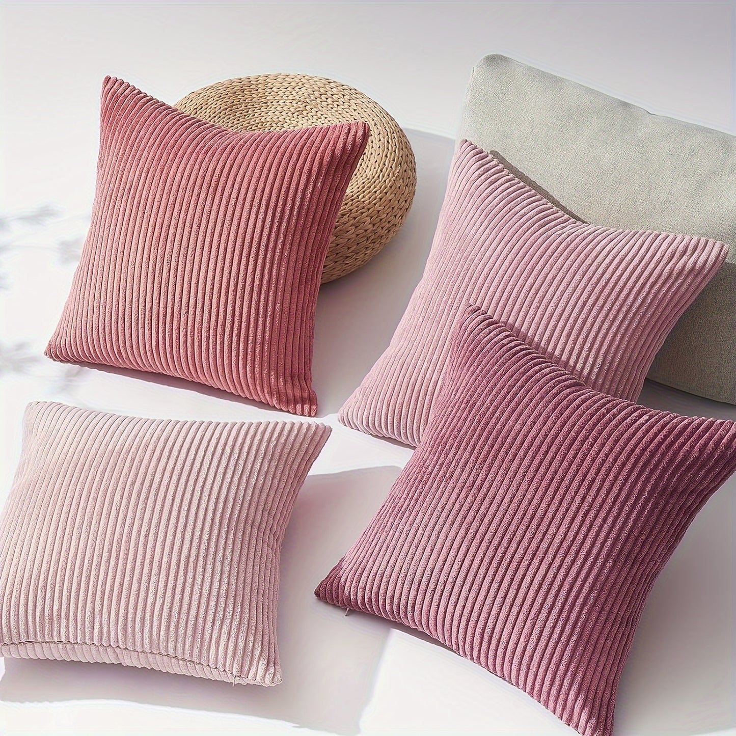 4 PIEZAS - Set de 4 fundas de cojín estilo bohemio con textura de pana y patrón de rayas, 40x40cm