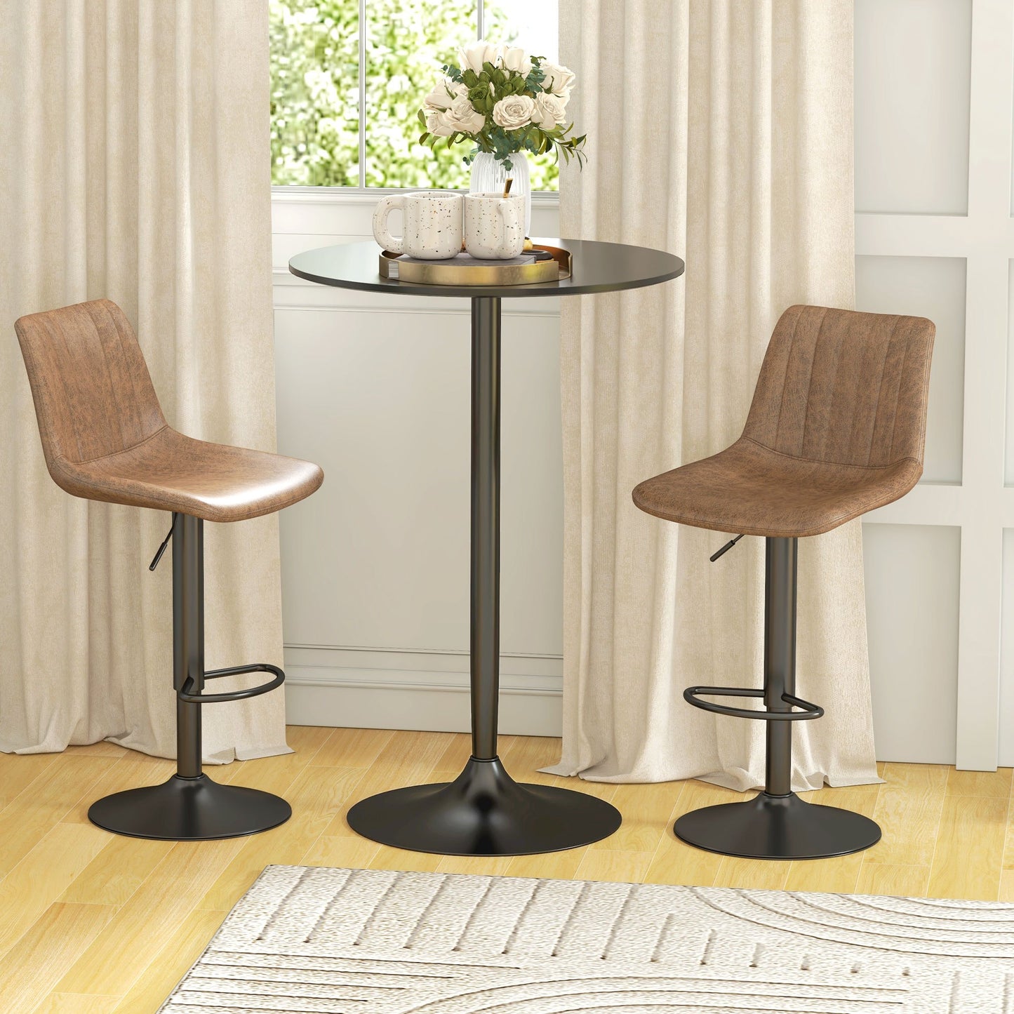 Mesa de Barra Moderna, Mesa Redonda para Cocina para 2 Personas, Base de Acero y Tapa de MDF, 70x102 cm, Negro