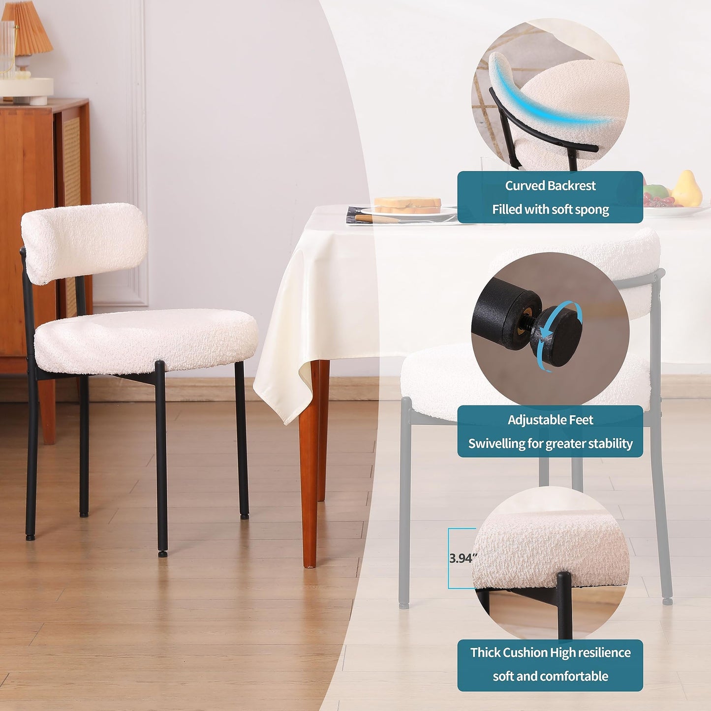 2 PIEZAS - Set de 2 sillas de comedor estilo mid century moderno minimalista con respaldo curvado - Bouclé blanco y marco de metal negro