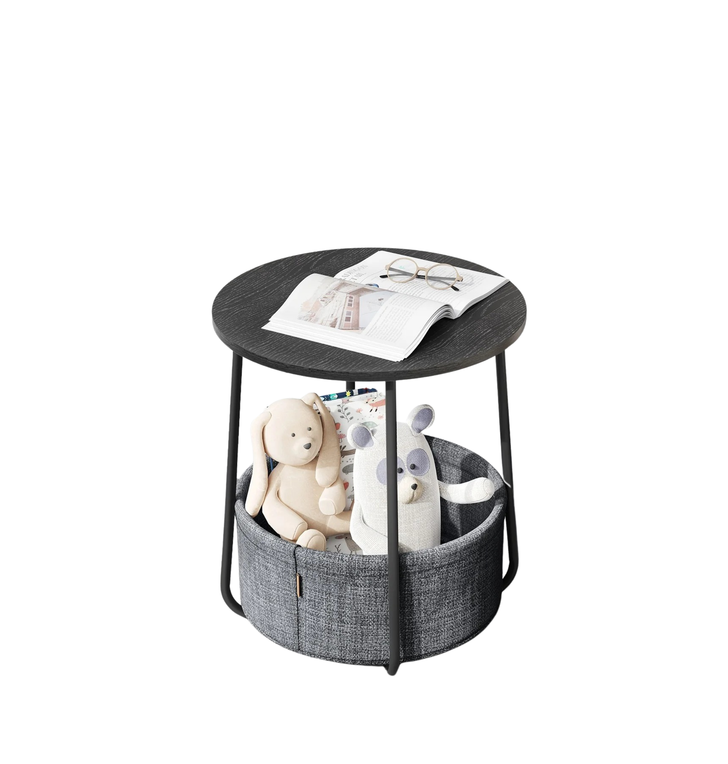 Mesa auxiliar / lateral para salón o dormitorio con almacenamiento disponible en tres colores - Mesa redonda de café con canasta de tela - Estructura de metal