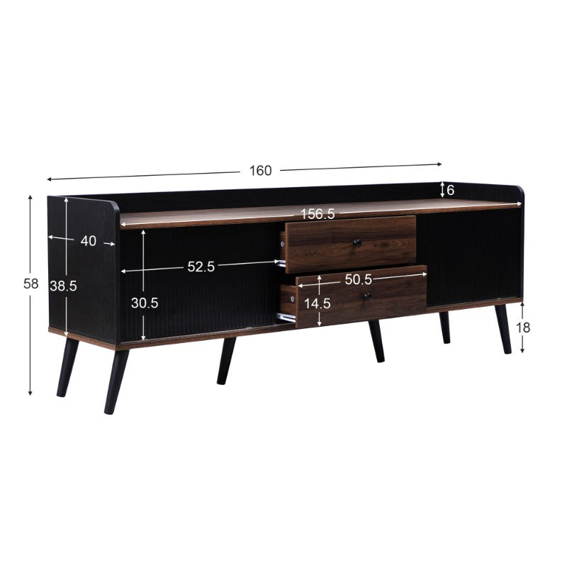 Mueble para TV de estilo moderno con puertas corredizas, 2 cajones y estante de almacenamiento - Madera maciza disponible en terminado blanco y negro