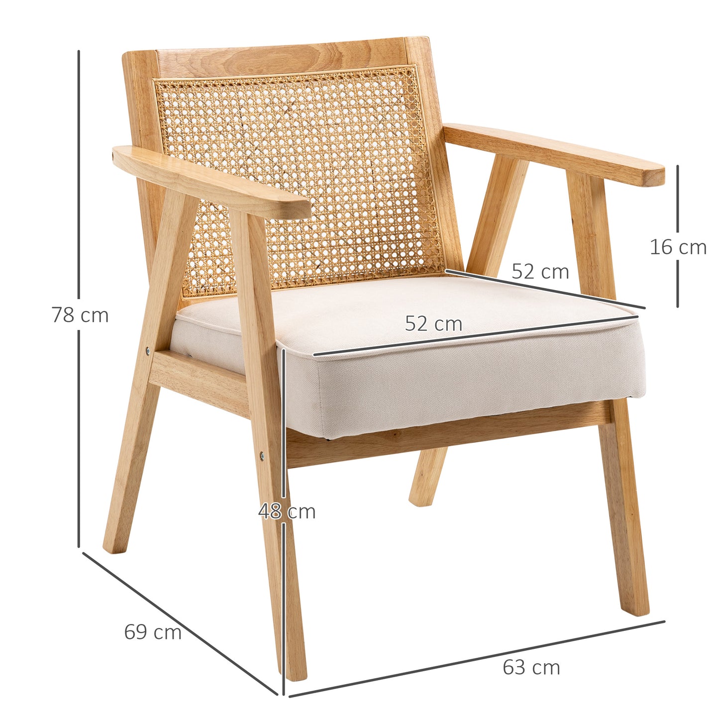 Sillón Lounge de estilo boho con respaldo de ratán y reposabrazos - Tapizado en tela con efecto lino y estructura de madera de caucho