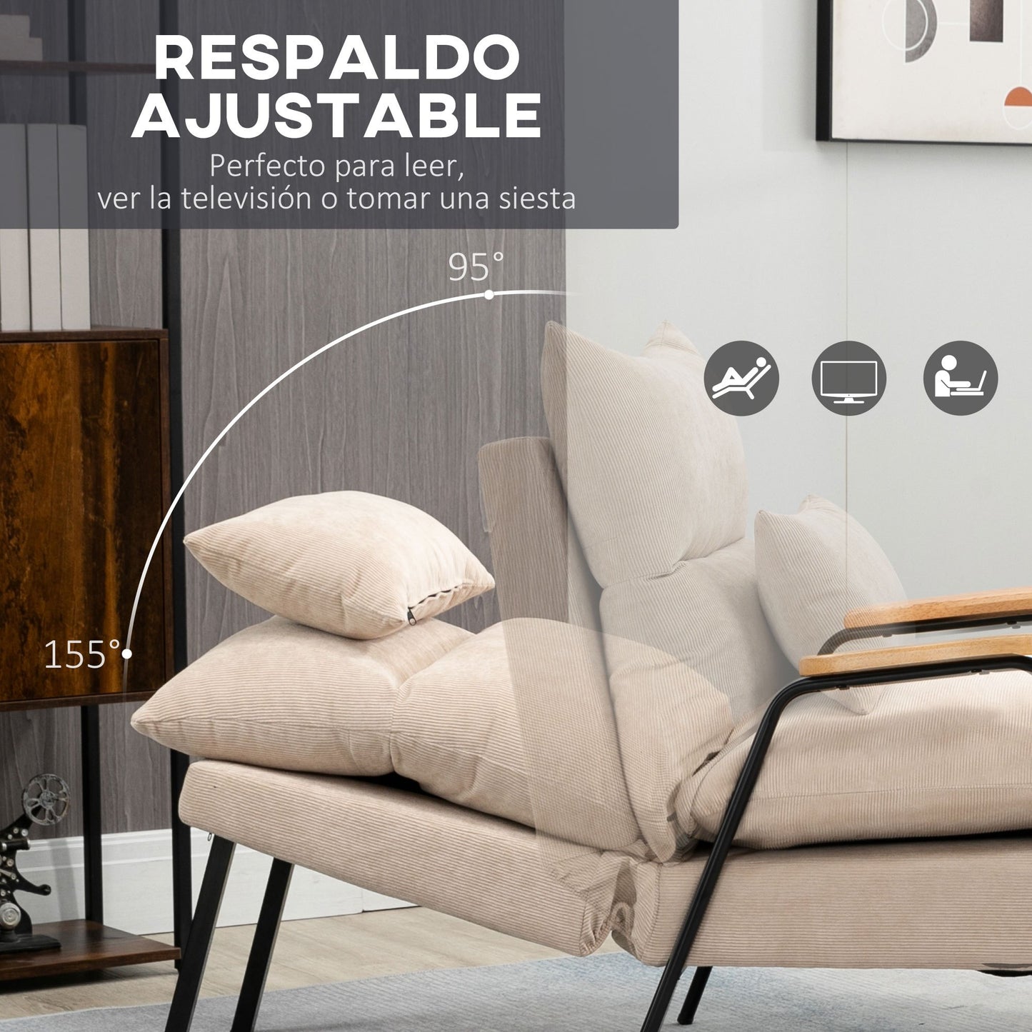 Sillón Lounge de estilo moderno con respaldo reclinable, reposabrazos y reposapiés - Tapizado en pana beige y estructura de acero en negro