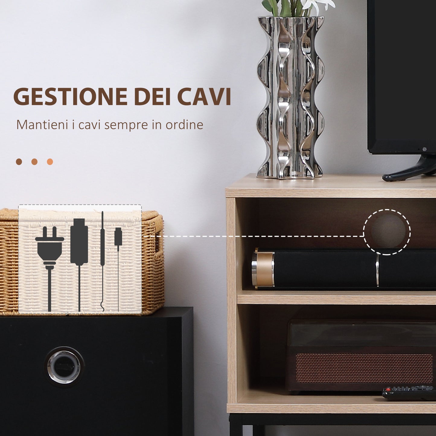 Mueble para TV móvil de estilo moderno para pantallas de hasta 60" con 4 estantes abiertos y gabinete de 2 niveles - MDF y acero en color madera y negro
