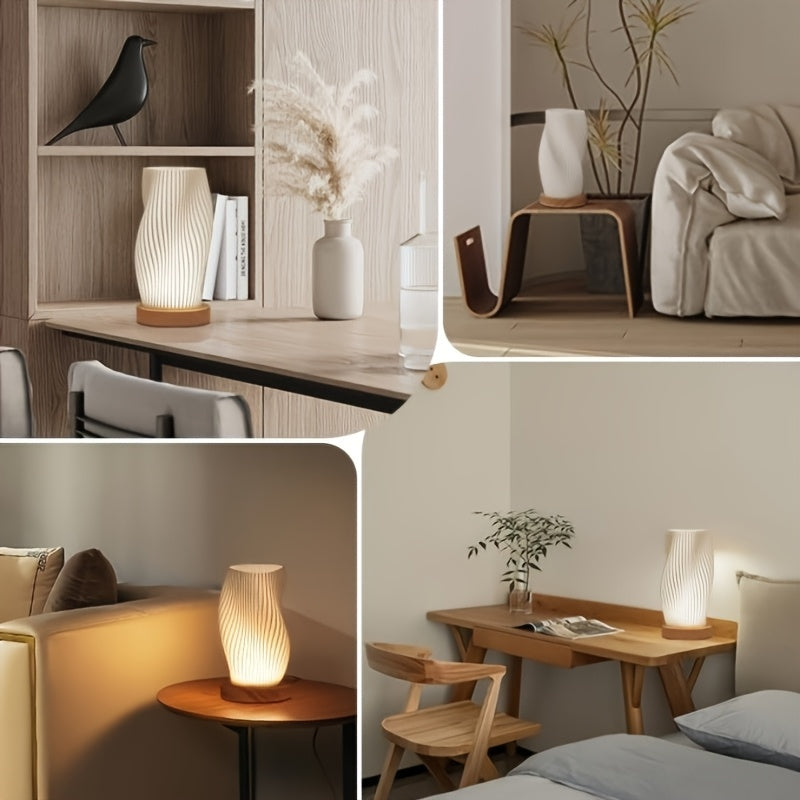 Lámpara de mesa con base de madera – Luz LED regulable con botón, ideal para dormitorio, salón, oficina o dormitorio universitario – Alimentación USB