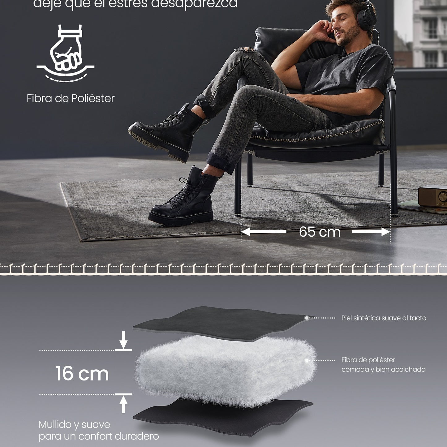 Sillón de estilo moderno / mid-century con brazos - Estructura metálica y tapizado en cuero sintético marrón