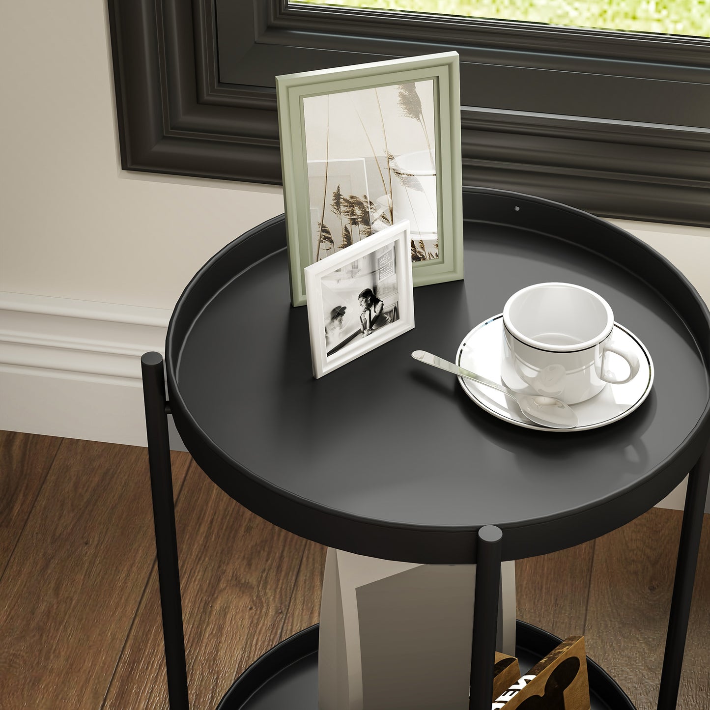 Mesa lateral / auxiliar para salón o dormitorio con 2 niveles estilo industrial / contemporáneo - Mesa redonda de café con patas ajustables - Estructura de metal negro 44x44x56cm