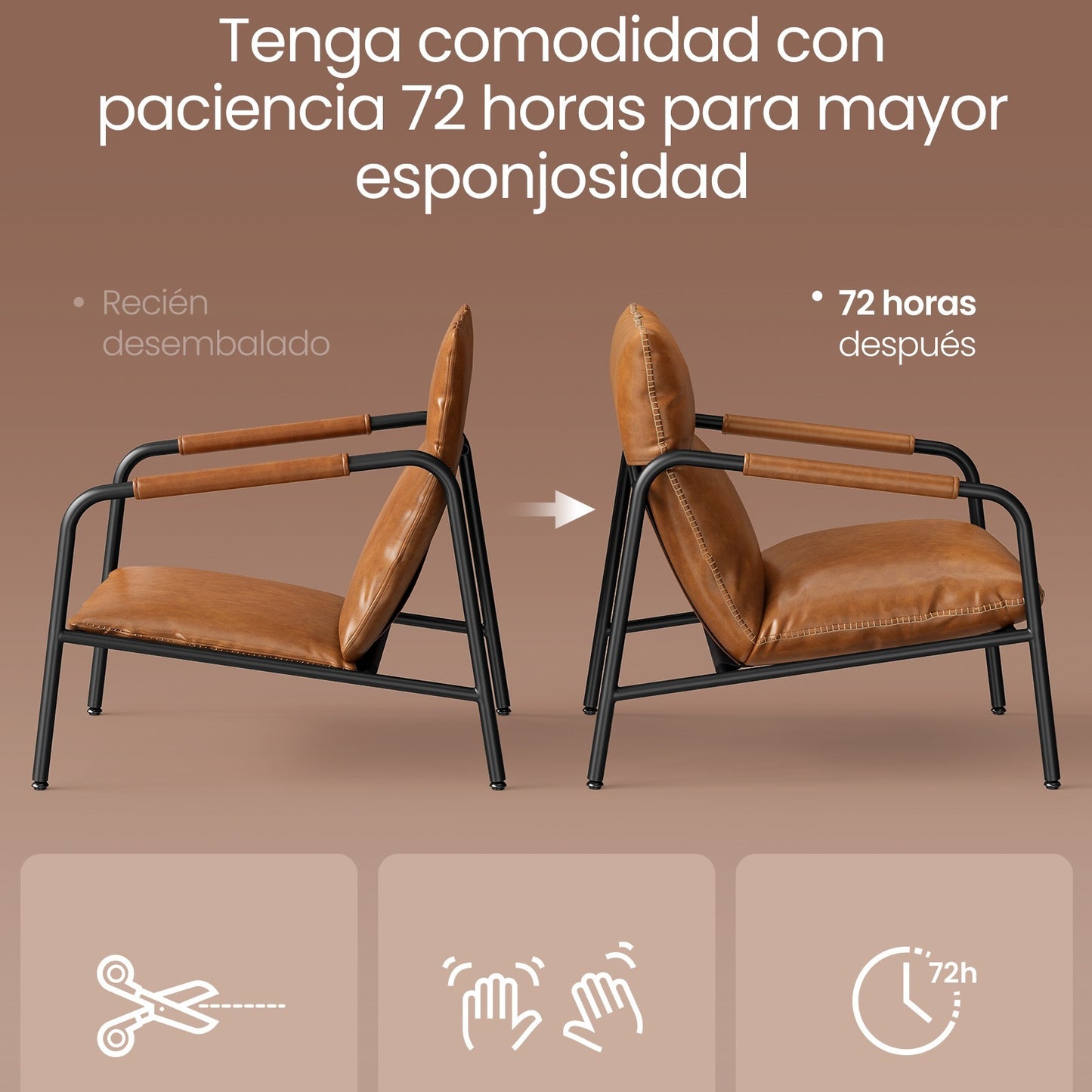 Sillón de estilo moderno / mid-century con brazos - Estructura metálica y tapizado en cuero sintético marrón