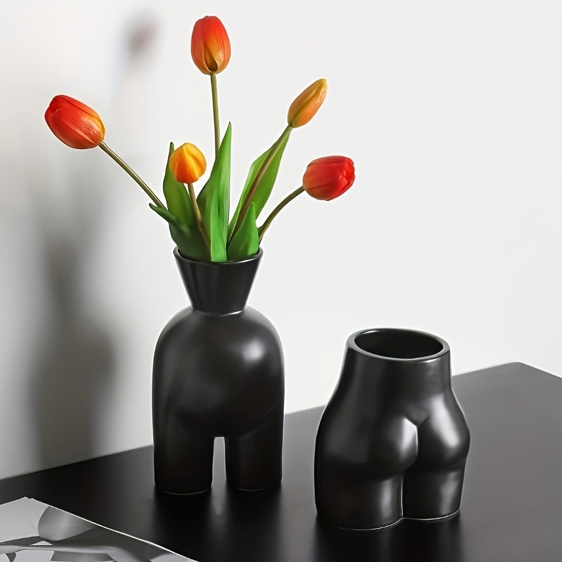 Jarrón decorativo de cerámica negro mate - Disponible en 2 formatos - Diseño de curvas suaves estilo Art Déco