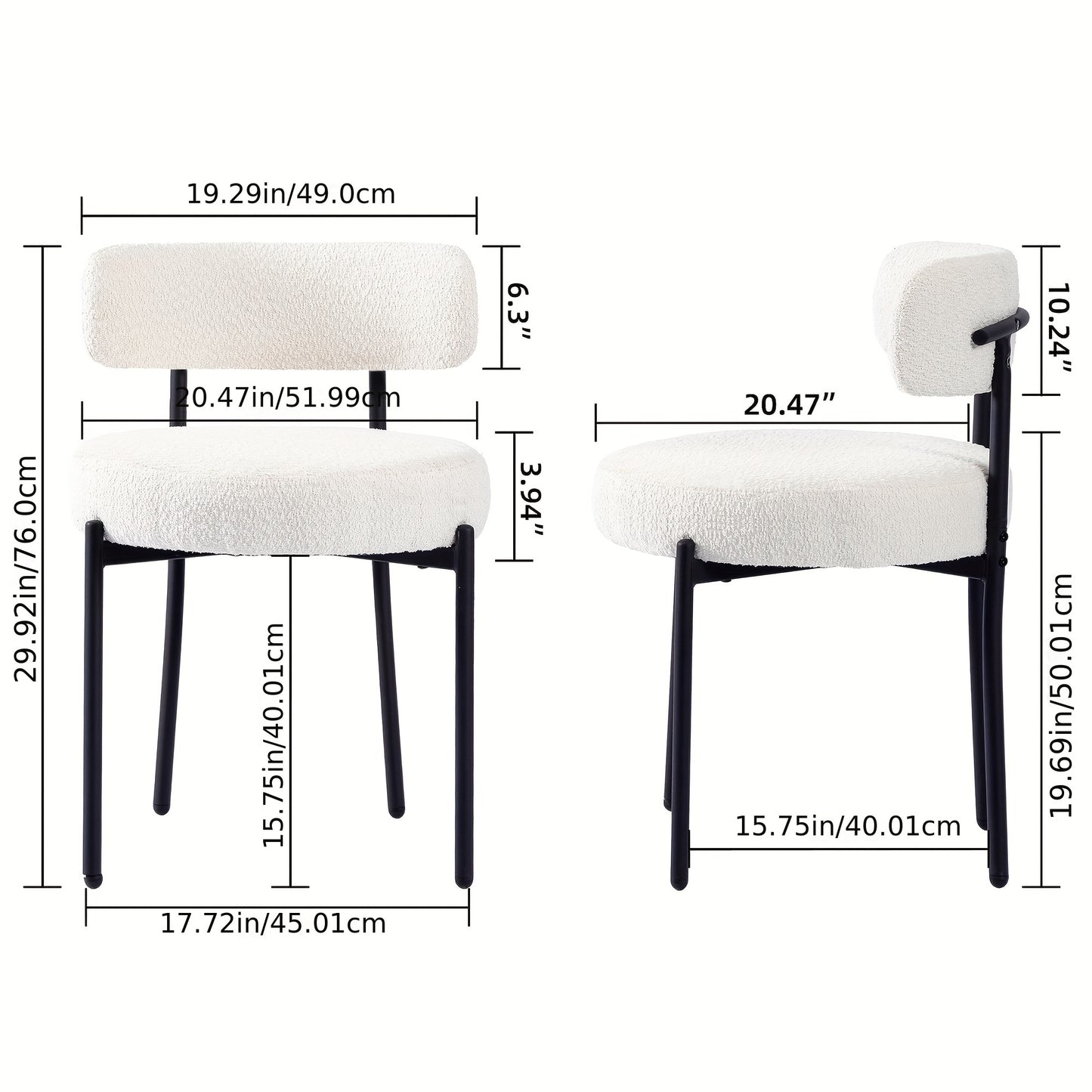 2 PIEZAS - Set de 2 sillas de comedor estilo mid century moderno minimalista con respaldo curvado - Bouclé blanco y marco de metal negro