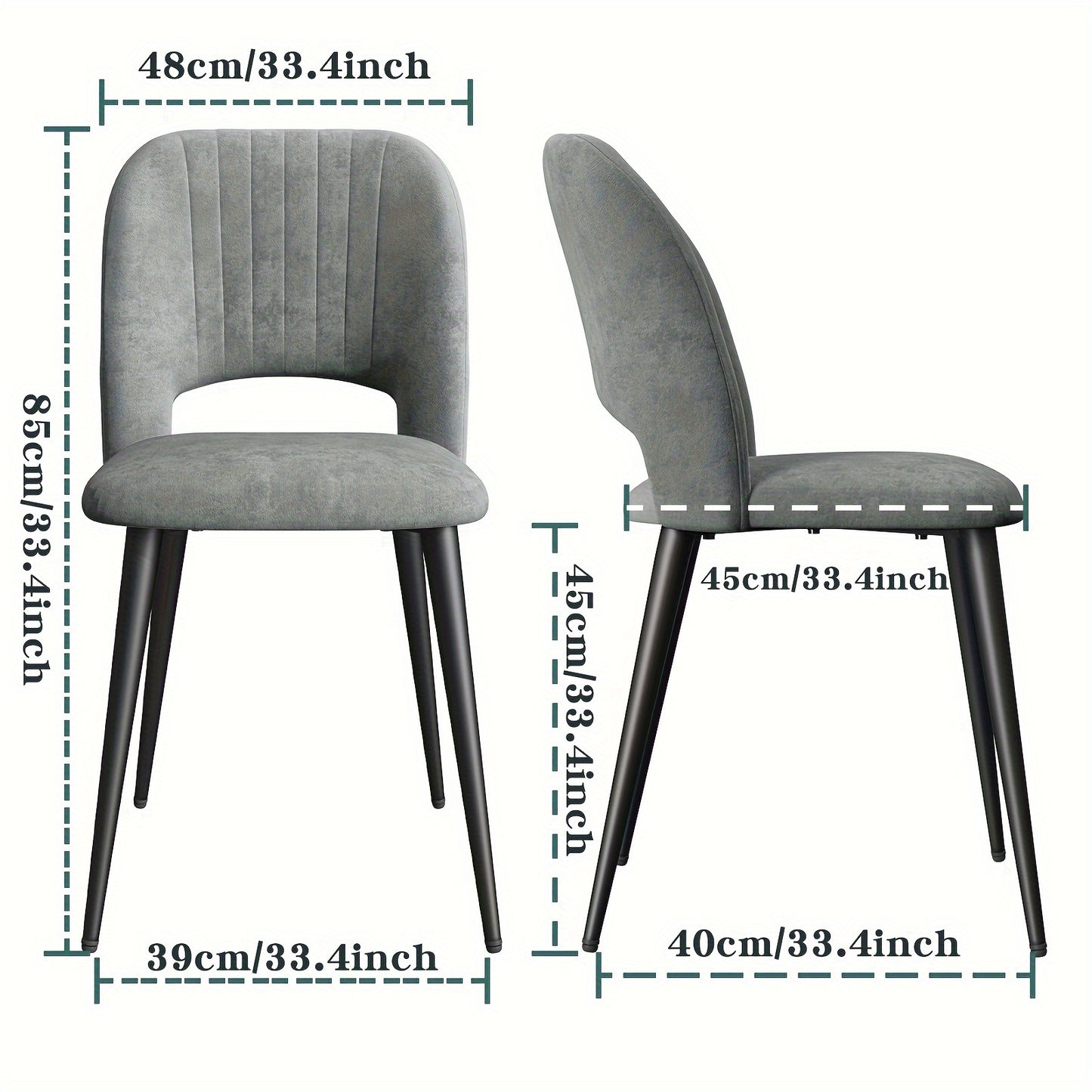 2 PIEZAS - Sillas de comedor estilo contemporáneo, tapizadas y con respaldo abierto - Terciopelo gris y patas metálicas en negro