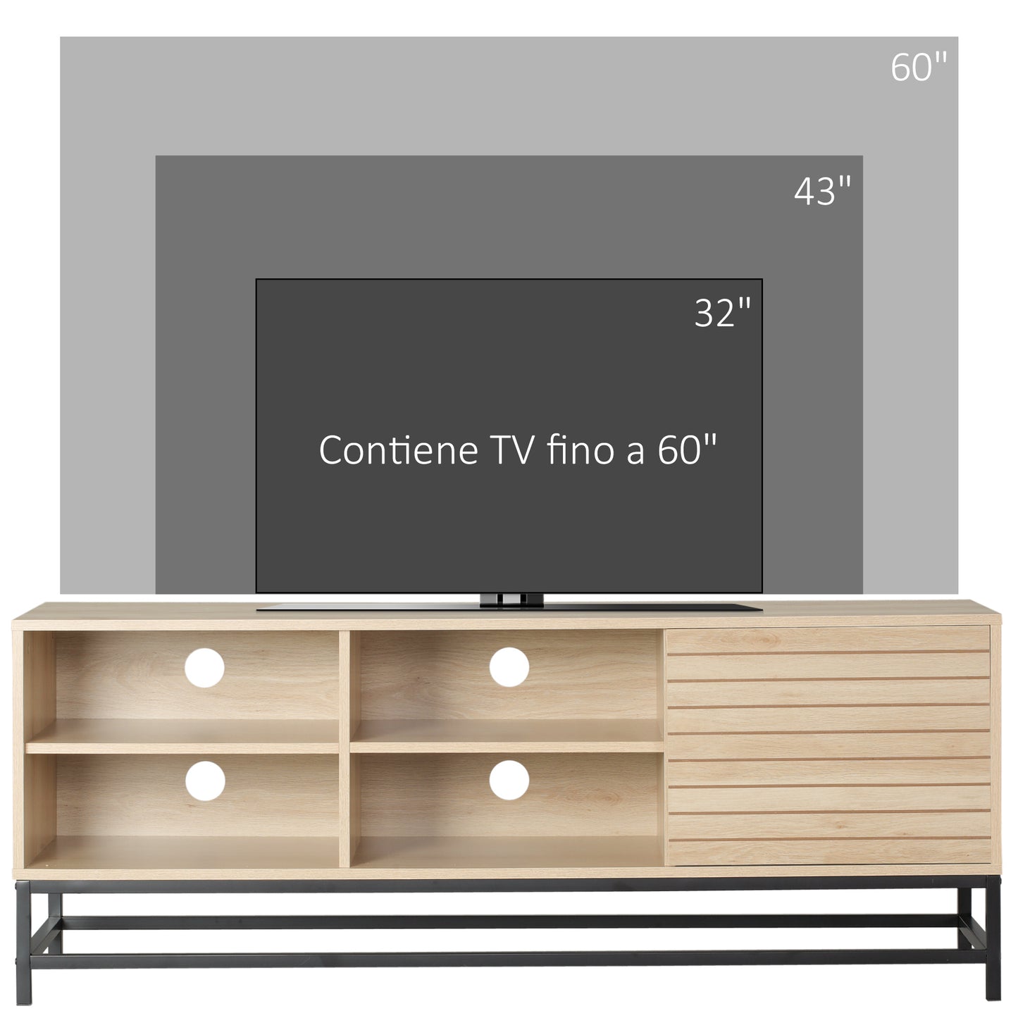 Mueble para TV móvil de estilo moderno para pantallas de hasta 60" con 4 estantes abiertos y gabinete de 2 niveles - MDF y acero en color madera y negro