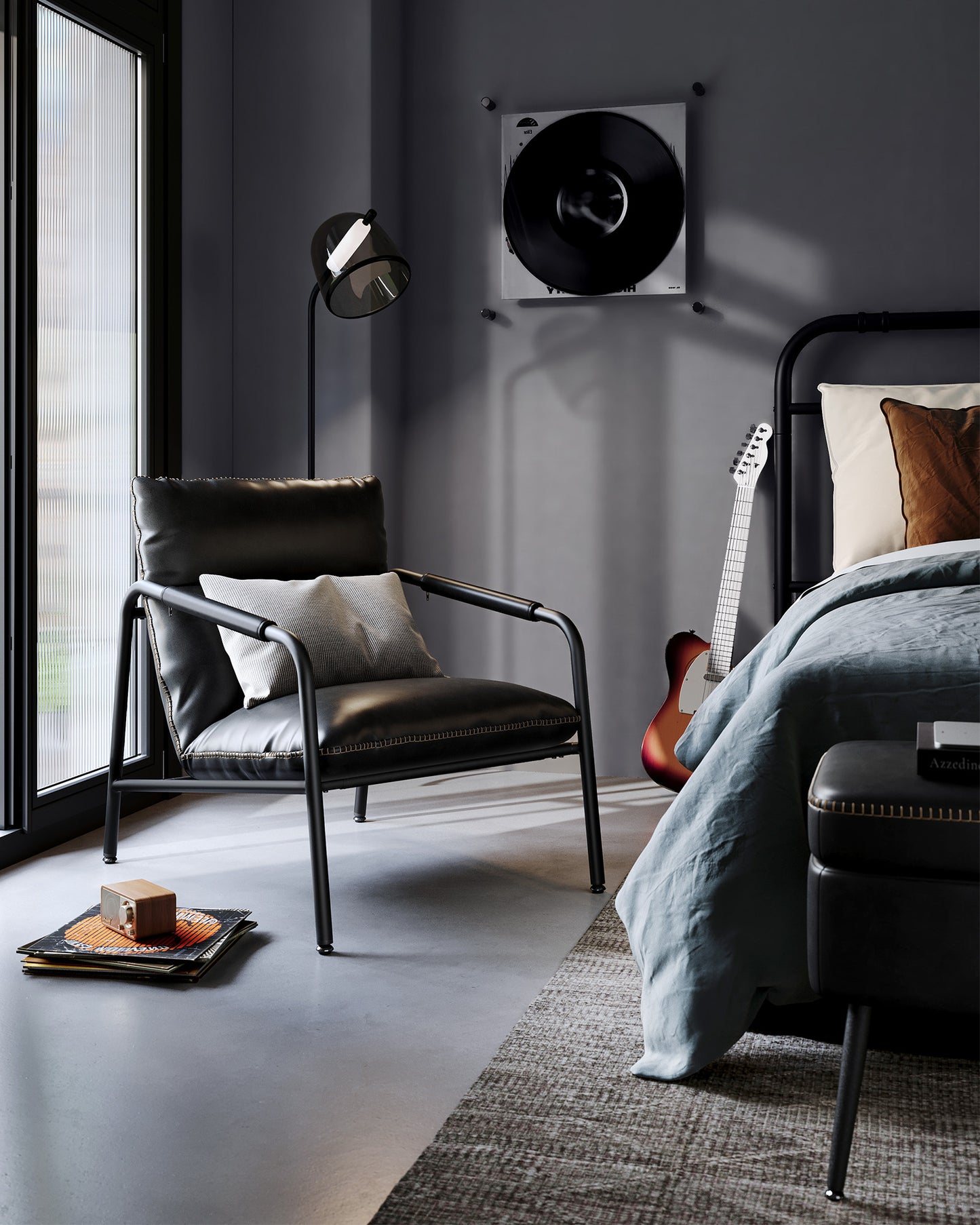 Sillón de estilo moderno / mid-century con brazos - Estructura metálica y tapizado en cuero sintético negro