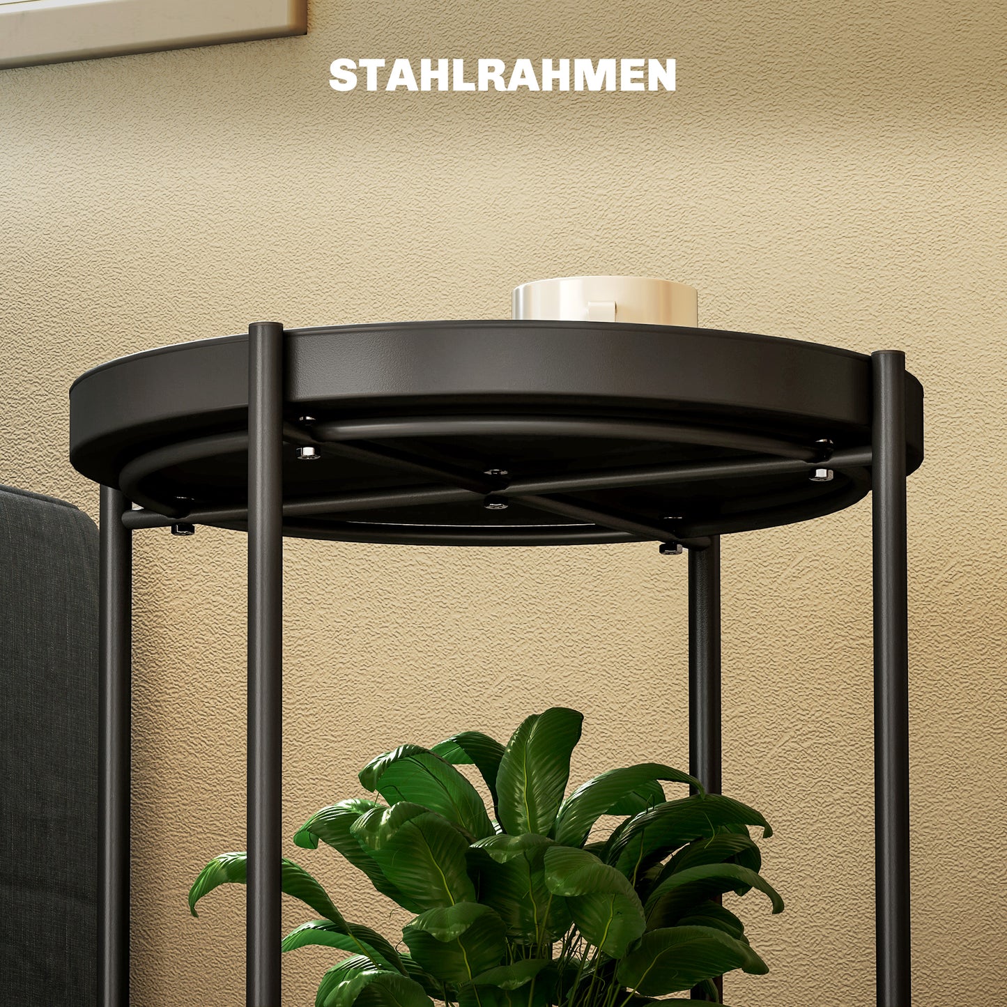 Mesa lateral / auxiliar para salón o dormitorio con 2 niveles estilo industrial / contemporáneo - Mesa redonda de café con patas ajustables - Estructura de metal negro 44x44x56cm