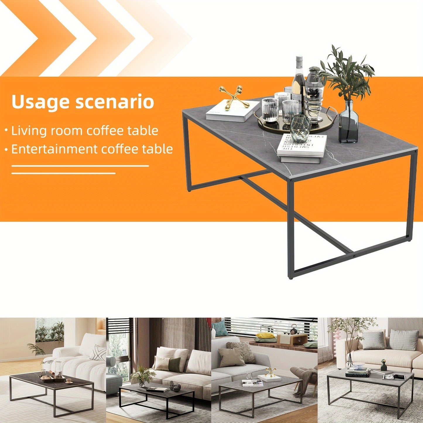 Mesa de centro para sala de estar de estilo moderno - Sobre de piedra sinterizada y estructura metálica en negro