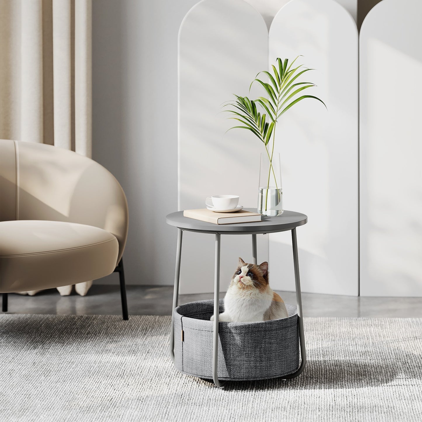 Mesa auxiliar / lateral para salón o dormitorio con almacenamiento disponible en tres colores - Mesa redonda de café con canasta de tela - Estructura de metal