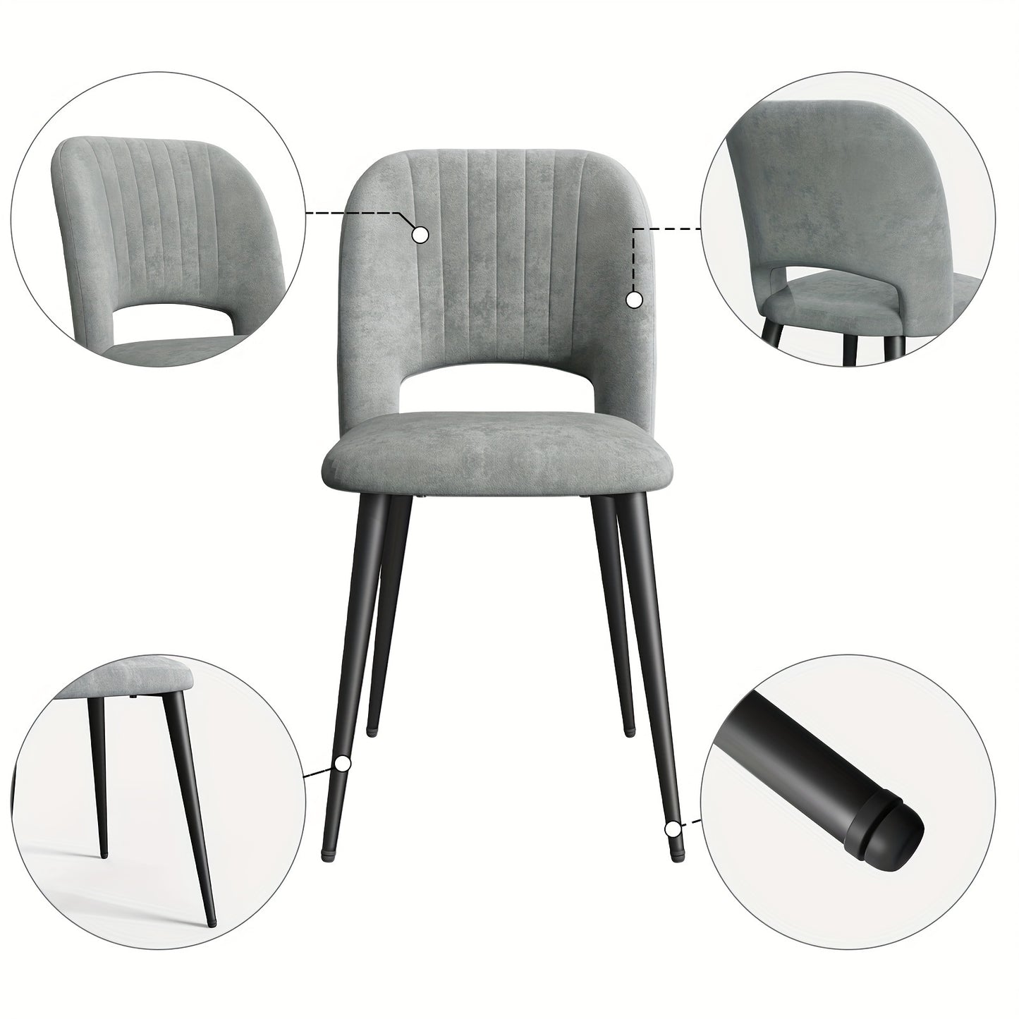 2 PIEZAS - Sillas de comedor estilo contemporáneo, tapizadas y con respaldo abierto - Terciopelo gris y patas metálicas en negro