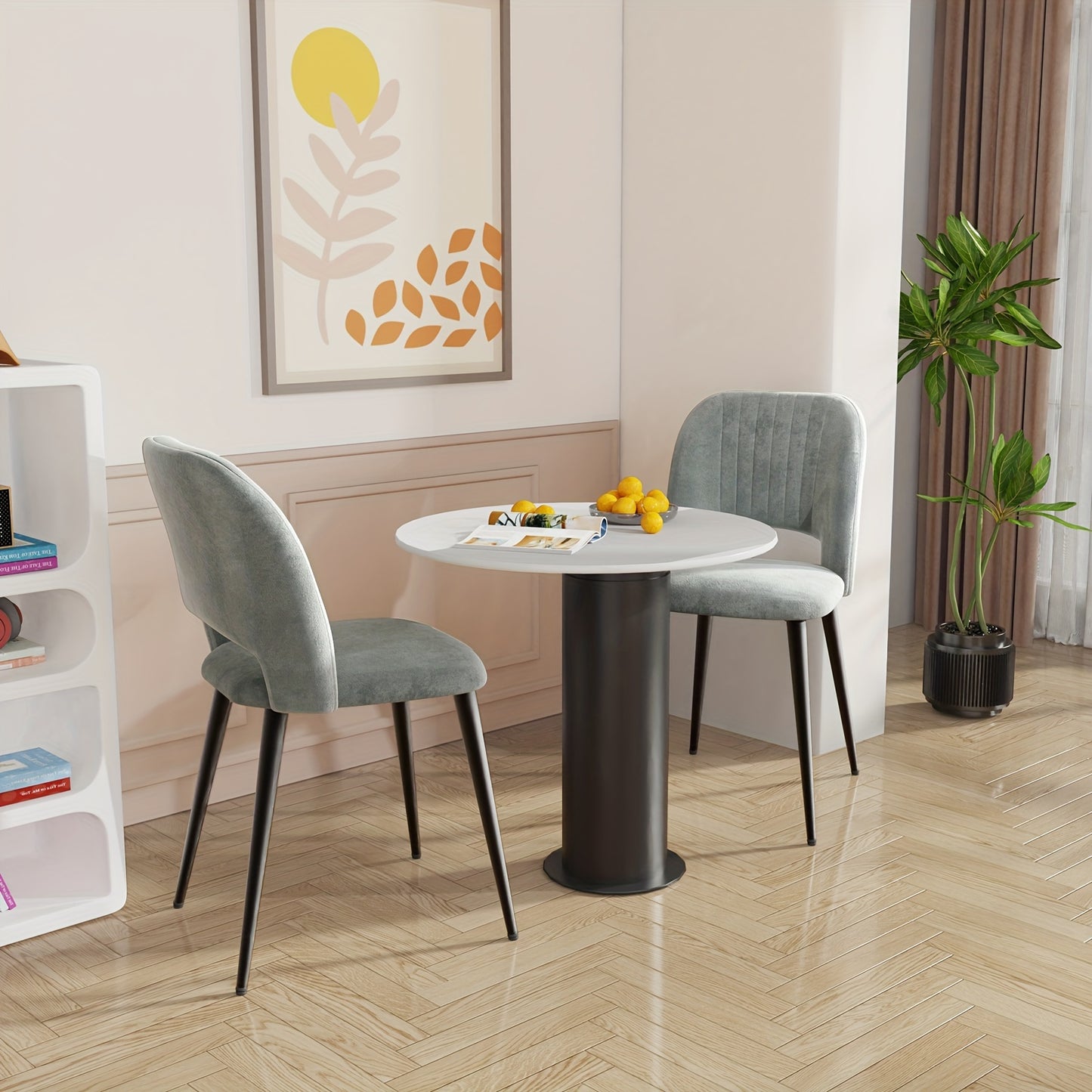2 PIEZAS - Sillas de comedor estilo contemporáneo, tapizadas y con respaldo abierto - Terciopelo gris y patas metálicas en negro