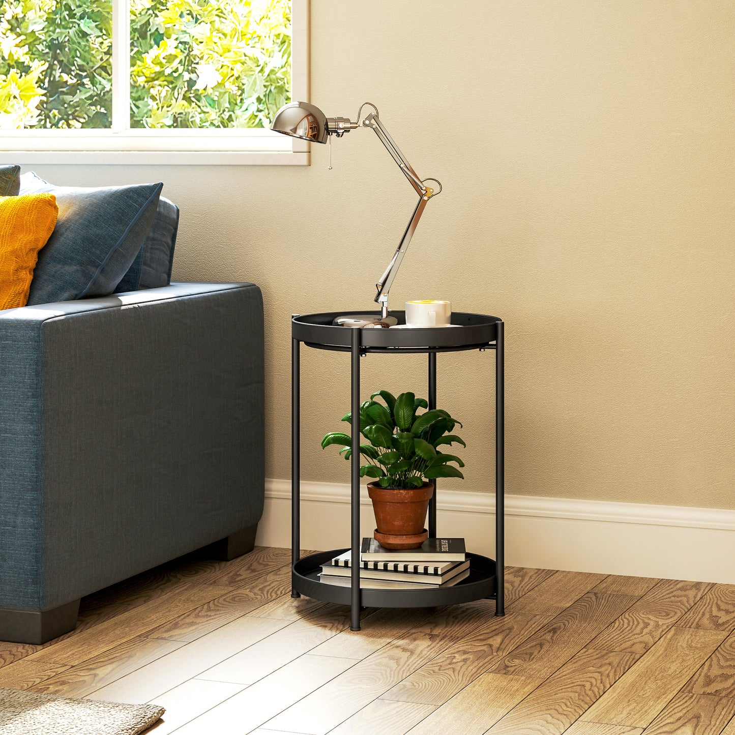 Mesa lateral / auxiliar para salón o dormitorio con 2 niveles estilo industrial / contemporáneo - Mesa redonda de café con patas ajustables - Estructura de metal negro 44x44x56cm