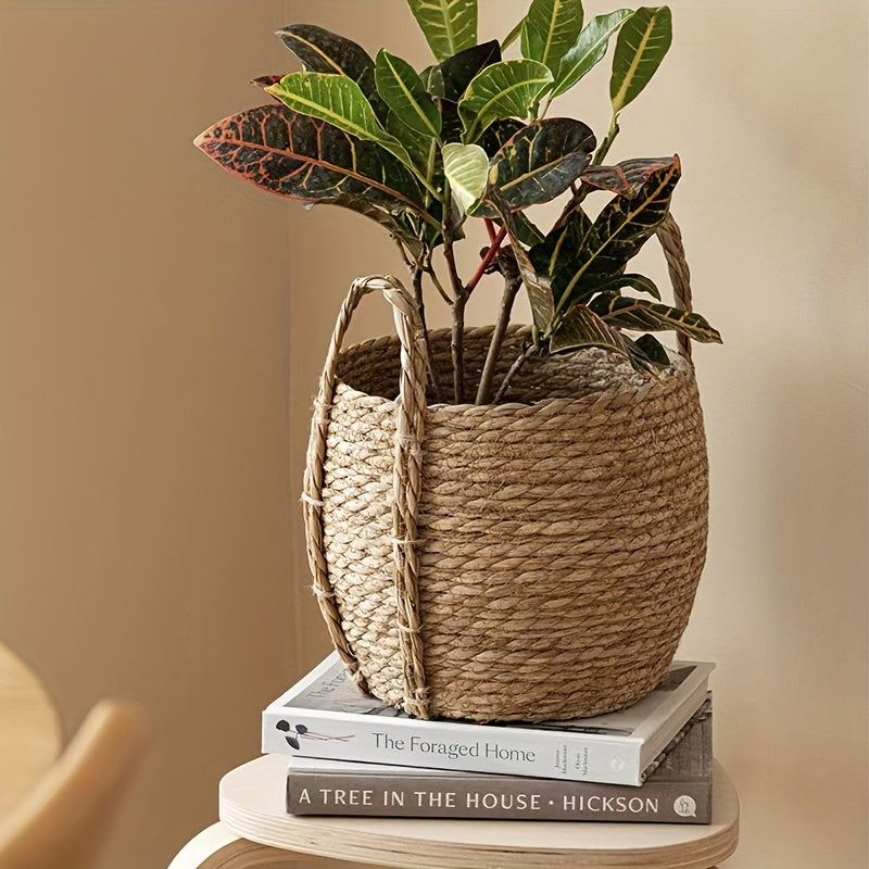 Cesta decorativa tejida a mano - Disponible en 3 tamaños - Cubremaceta rústico de tallos de sorgo con asas
