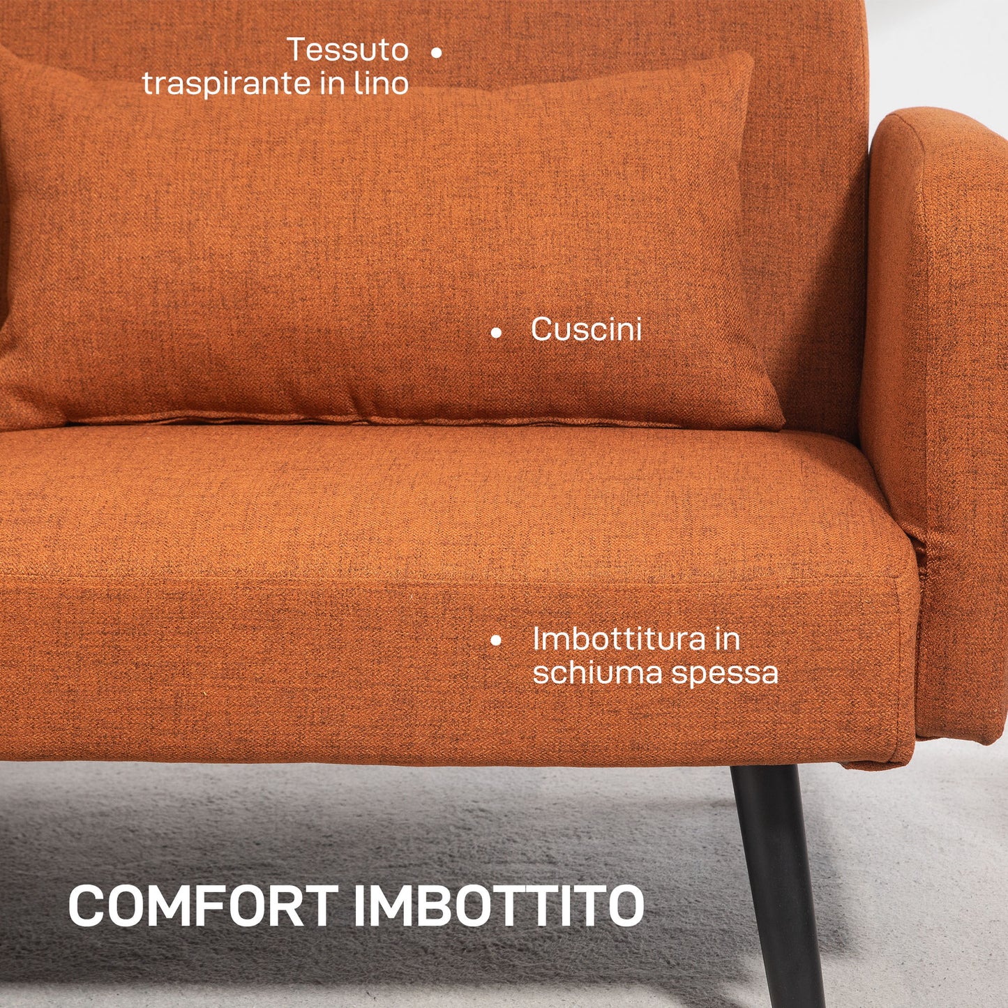 Sofá de dos plazas estilo moderno convertible en cama - Tejido efecto lino color coral, con reposabrazos y respaldo ajustables, incluye 2 cojines