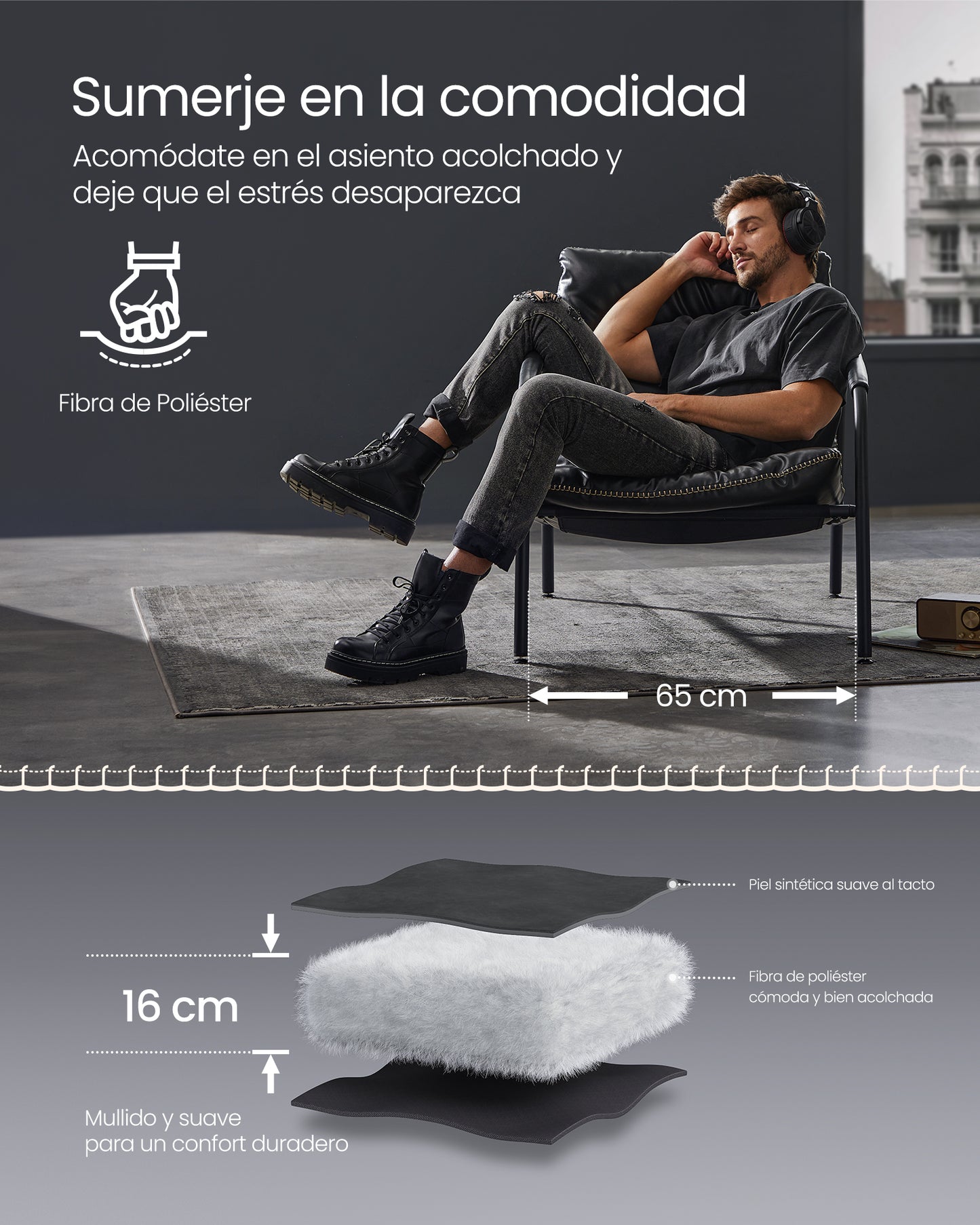 Sillón de estilo moderno / mid-century con brazos - Estructura metálica y tapizado en cuero sintético negro