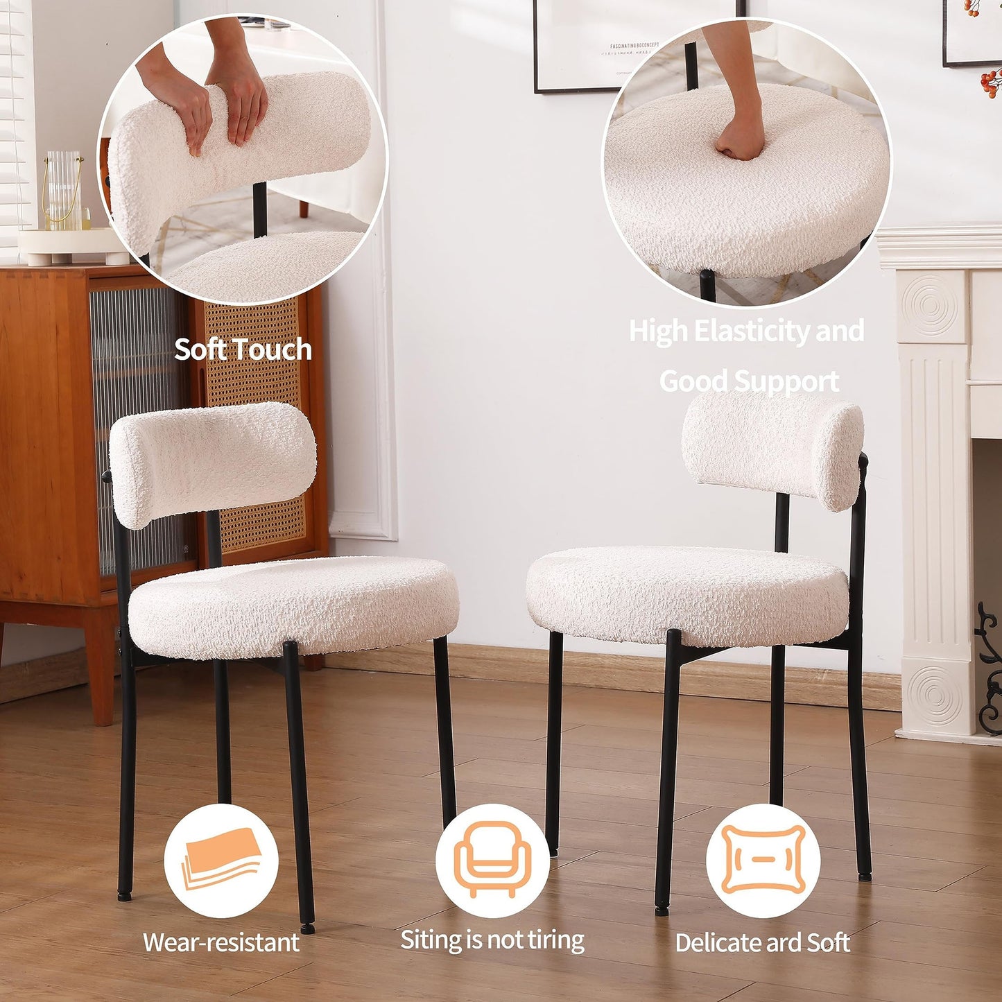 2 PIEZAS - Set de 2 sillas de comedor estilo mid century moderno minimalista con respaldo curvado - Bouclé blanco y marco de metal negro