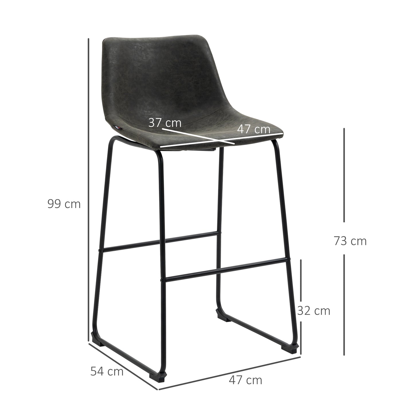 2 PIEZAS - Set de 2 taburetes altos de cocina estilo vintage con respaldo y reposapiés - Tapizado en piel sintética y estructura de acero en negro