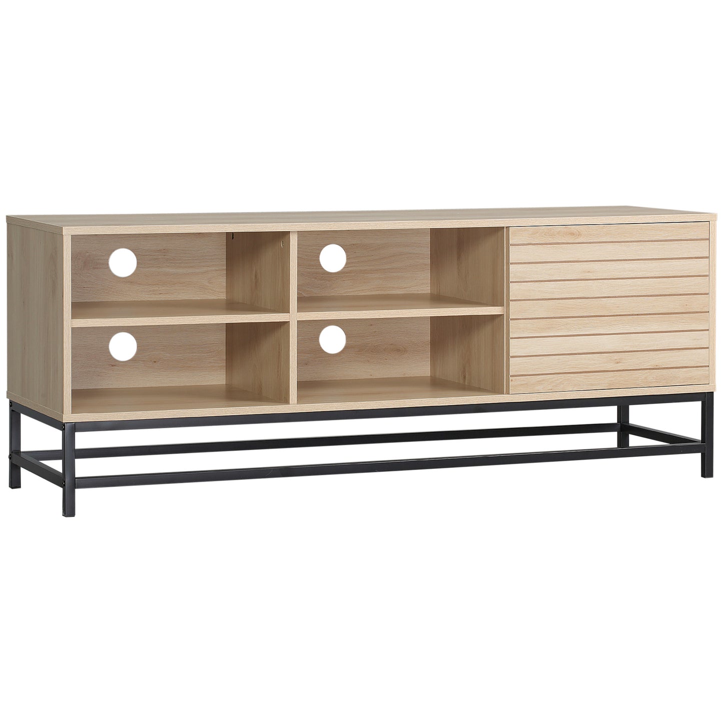 Mueble para TV móvil de estilo moderno para pantallas de hasta 60" con 4 estantes abiertos y gabinete de 2 niveles - MDF y acero en color madera y negro