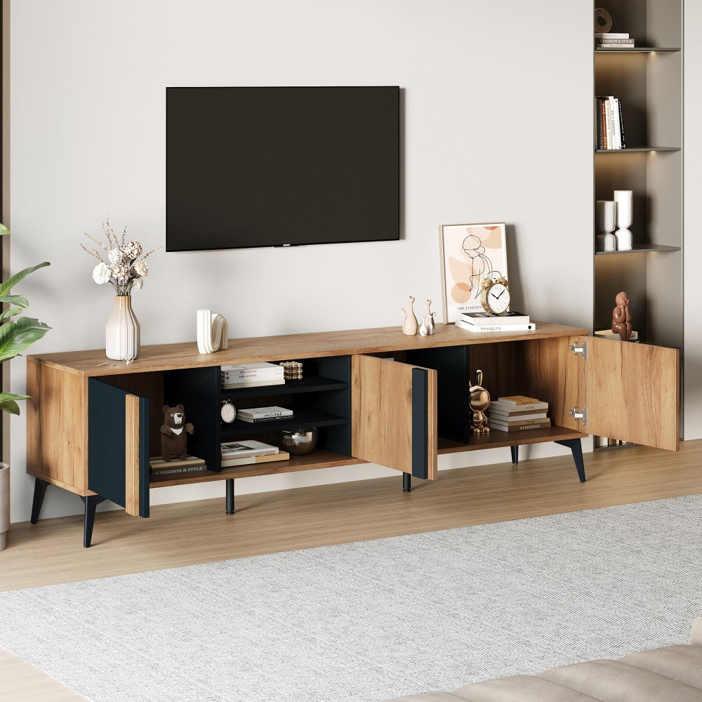 Mueble para TV de 180 cm de estilo moderno con 3 puertas y 3 cajones - Madera natural