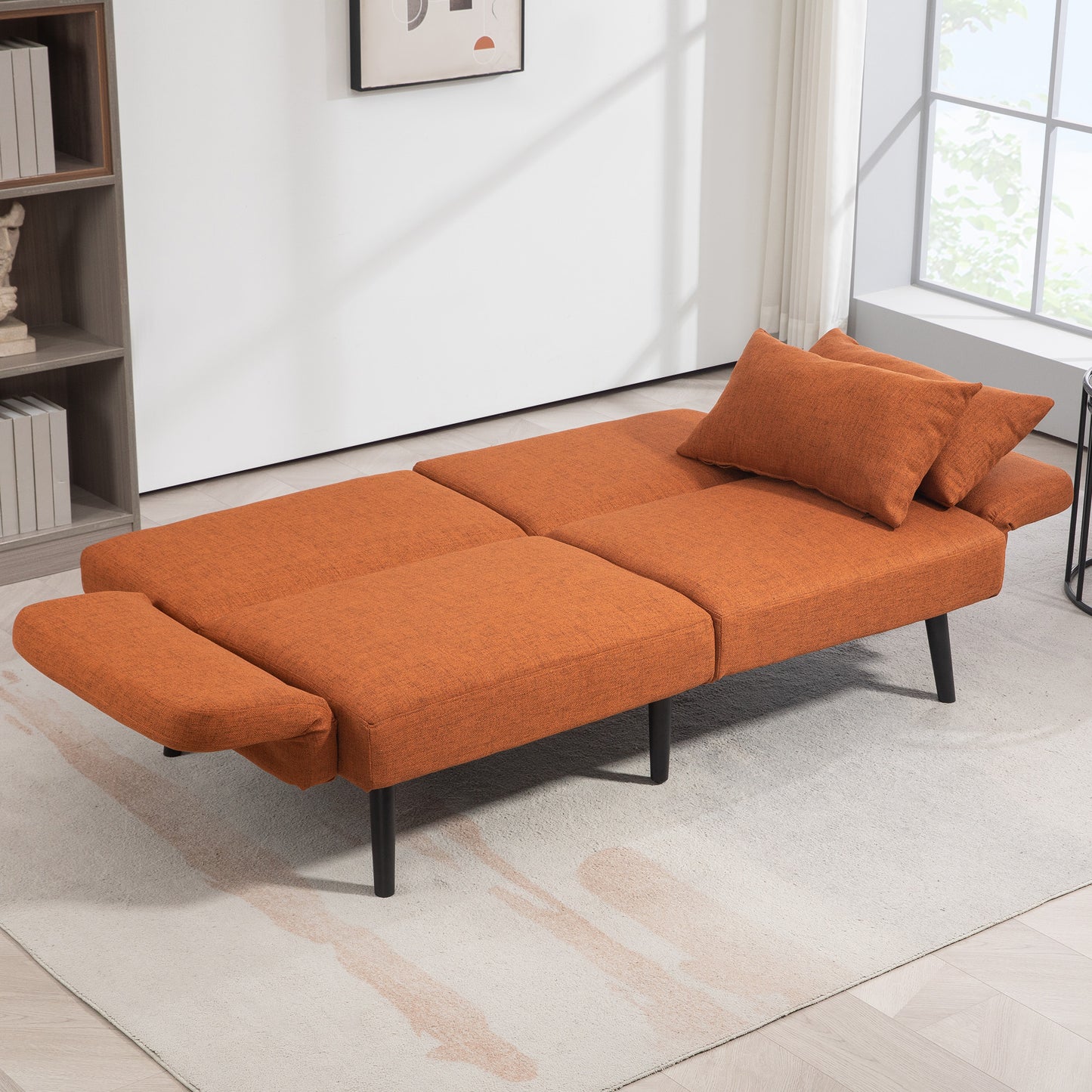 Sofá de dos plazas estilo moderno convertible en cama - Tejido efecto lino color coral, con reposabrazos y respaldo ajustables, incluye 2 cojines