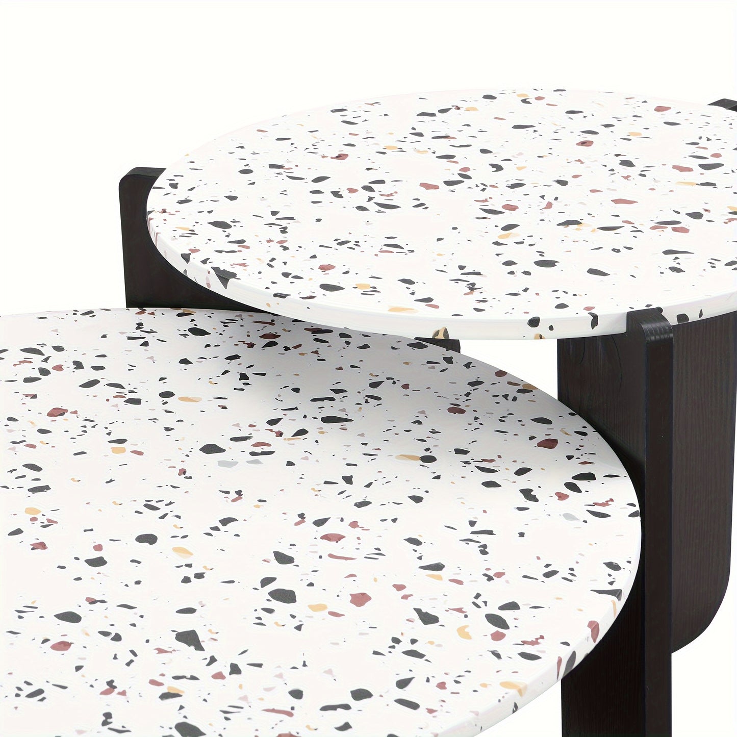 2 PIEZAS - Set de 2 mesas de centro a juego estilo contemporáneo para salón o sala de estar - Set de mesa lateral + mesa de centro - Sobre imitación terrazo y estructura de madera pintada en negro